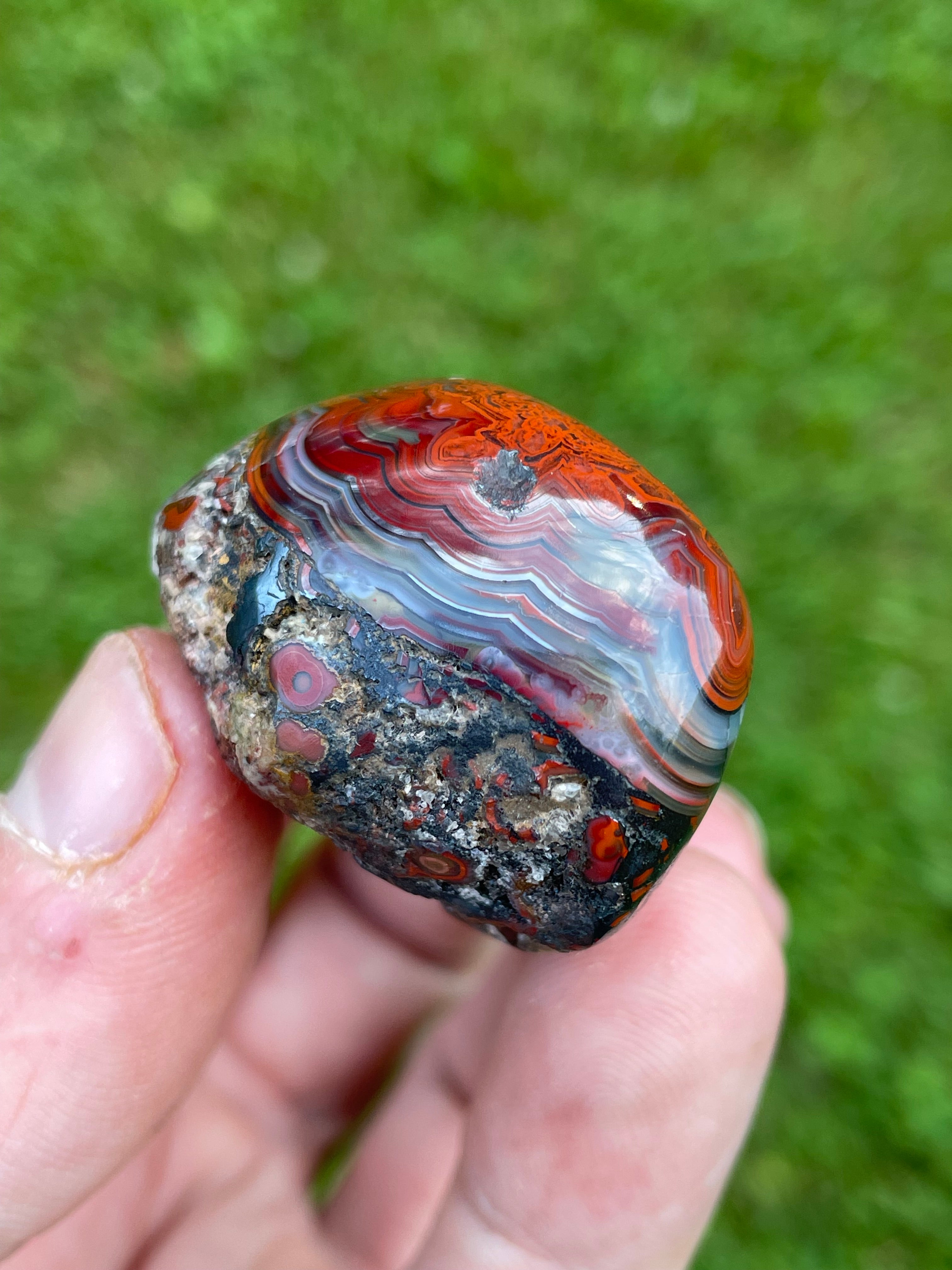 StoneBorn Creations Hand-Polished Lace Agate Freeform with Intricate Fortification Banding, Bold Red Plumes & Natural Druzy Matrix