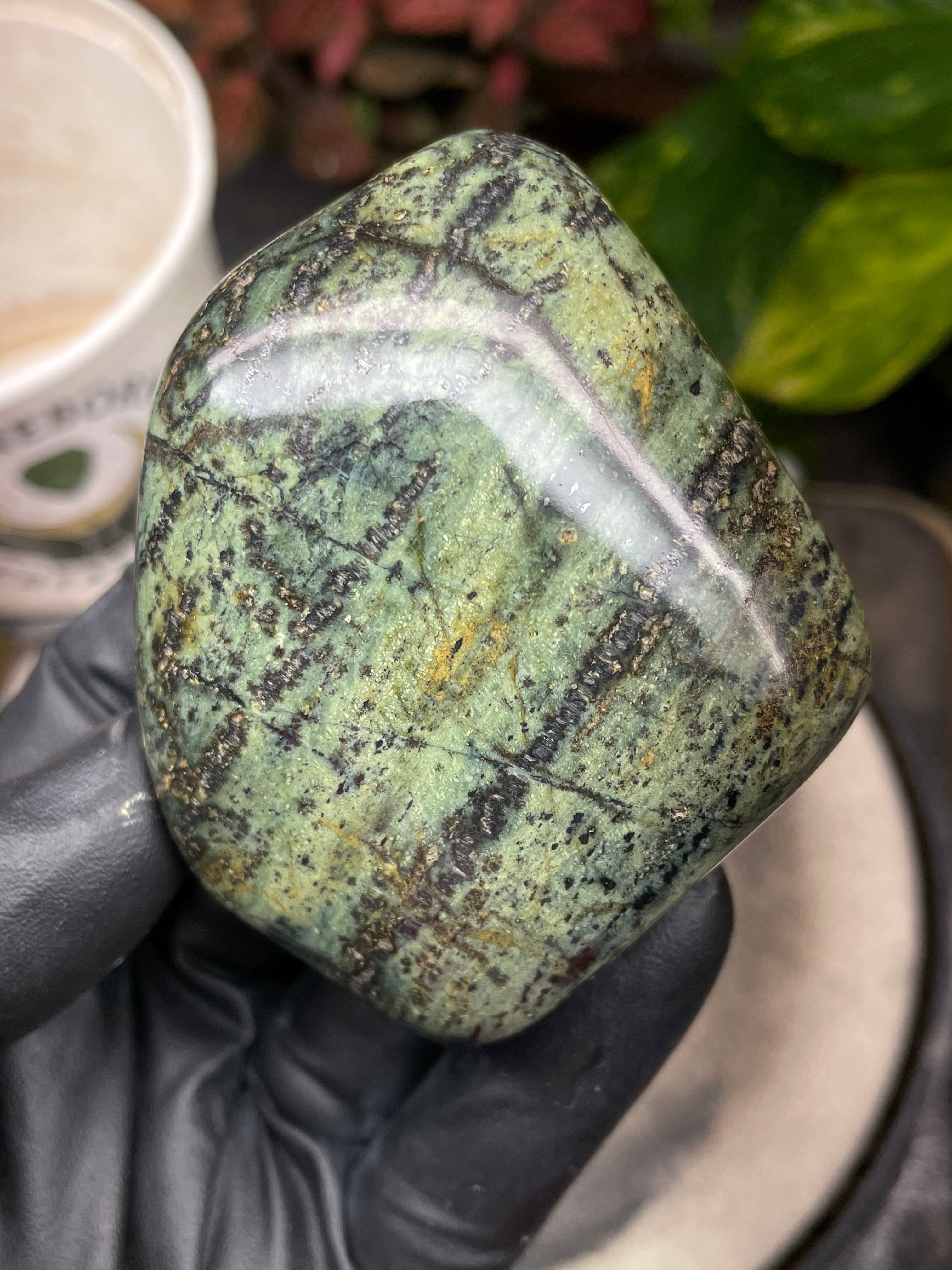 StoneBorn Creations Hand-Polished Vermont Serpentine with Dark Veining, Golden Earth Tones, and Freeform Finish