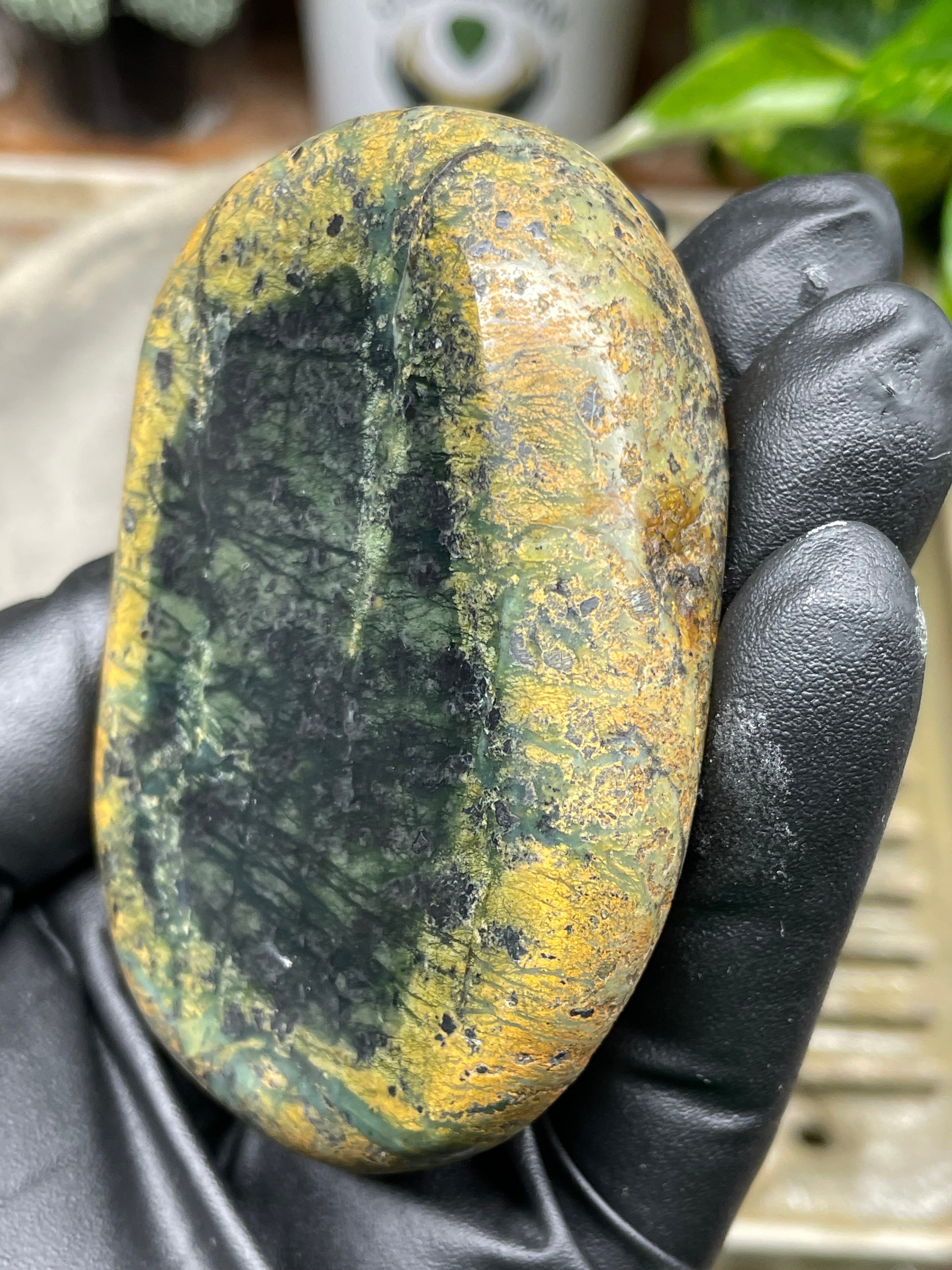 StoneBorn Creations Hand-Polished Vermont River Stone Pair – Rounded Freeform Halves with Natural Raw Backs & Deep Green Interior Patterns
