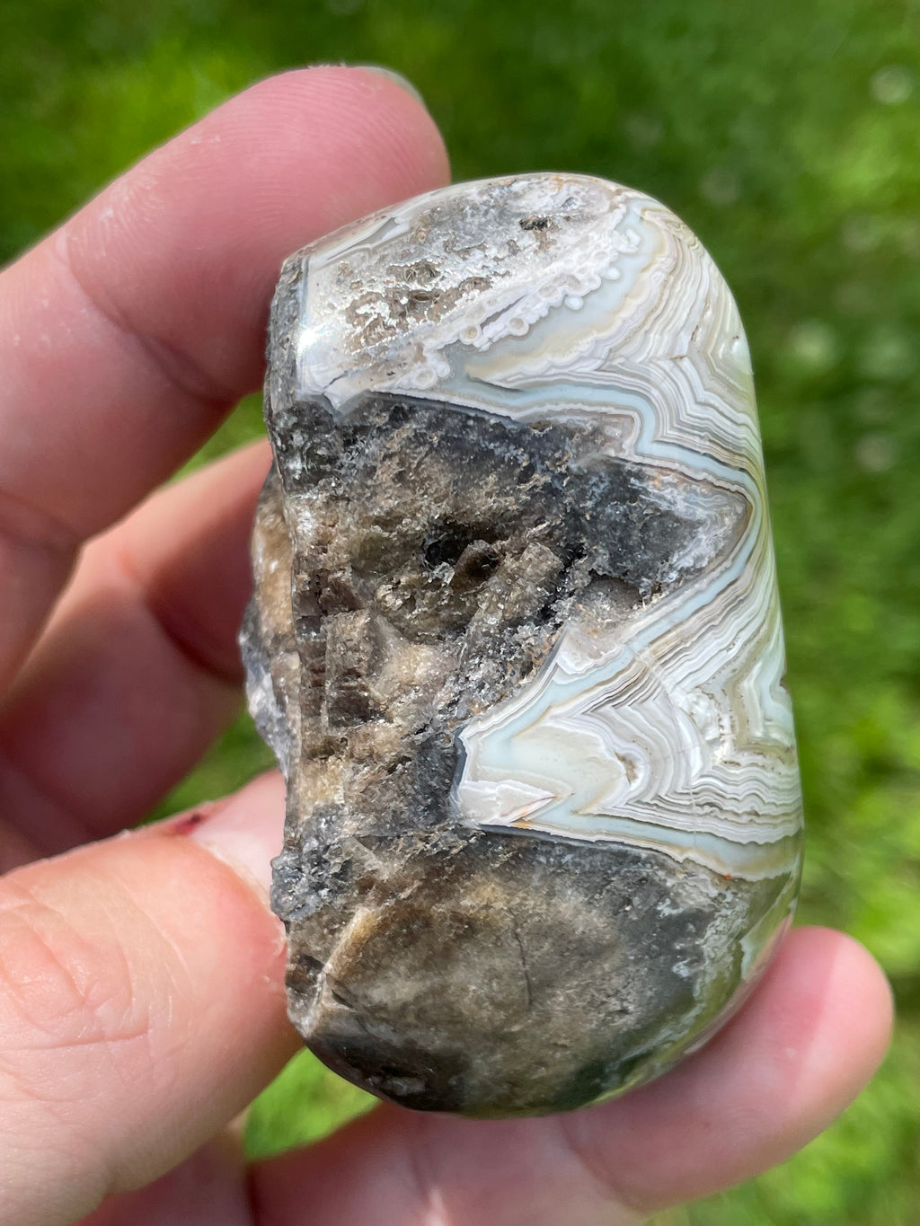 StoneBorn Creations Hand-Polished Lace Agate Freeform with Intricate Fortification Banding, Orbicular Eyes & Preserved Natural Matrix