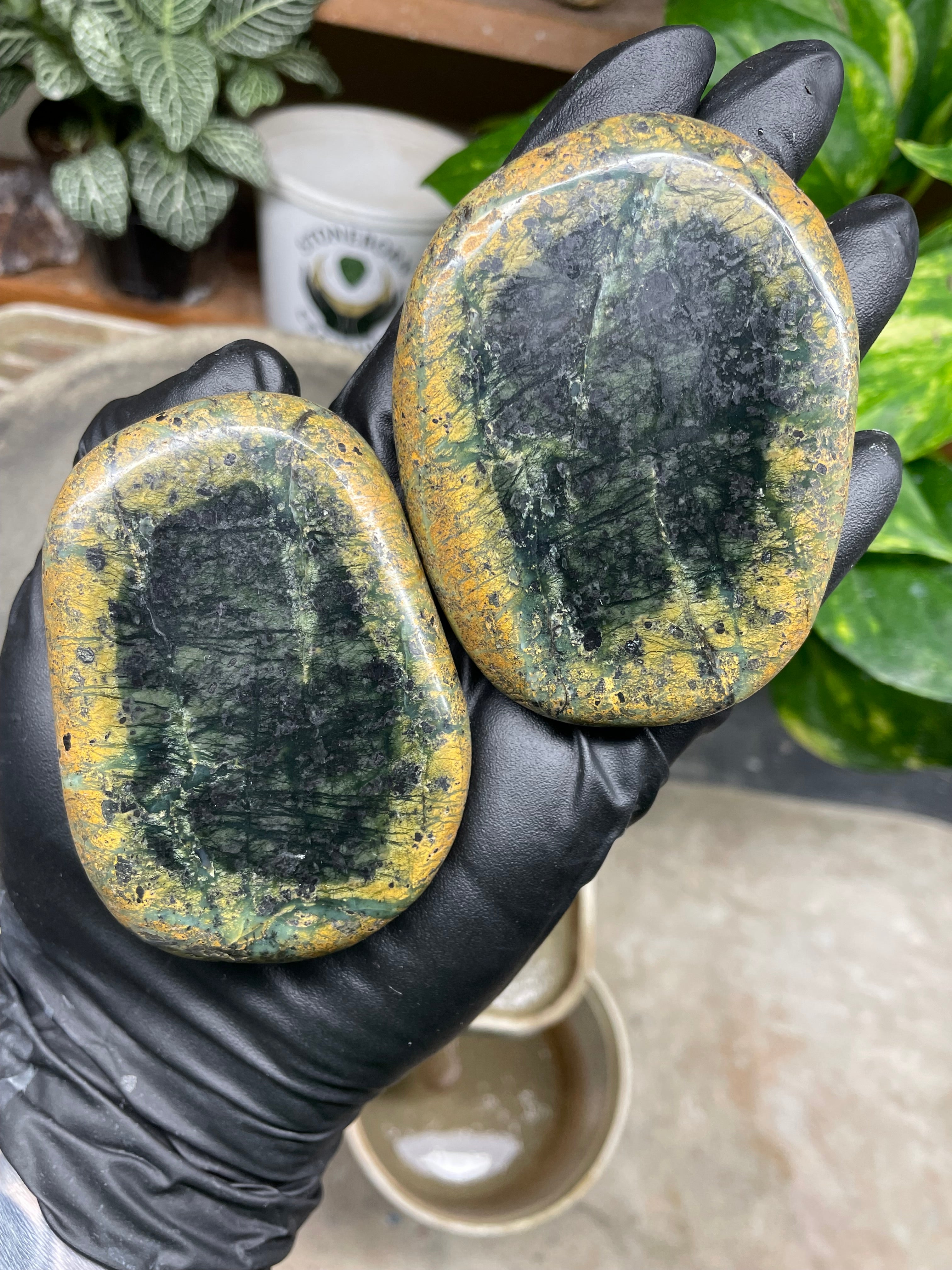StoneBorn Creations Hand-Polished Vermont River Stone Pair – Rounded Freeform Halves with Natural Raw Backs & Deep Green Interior Patterns
