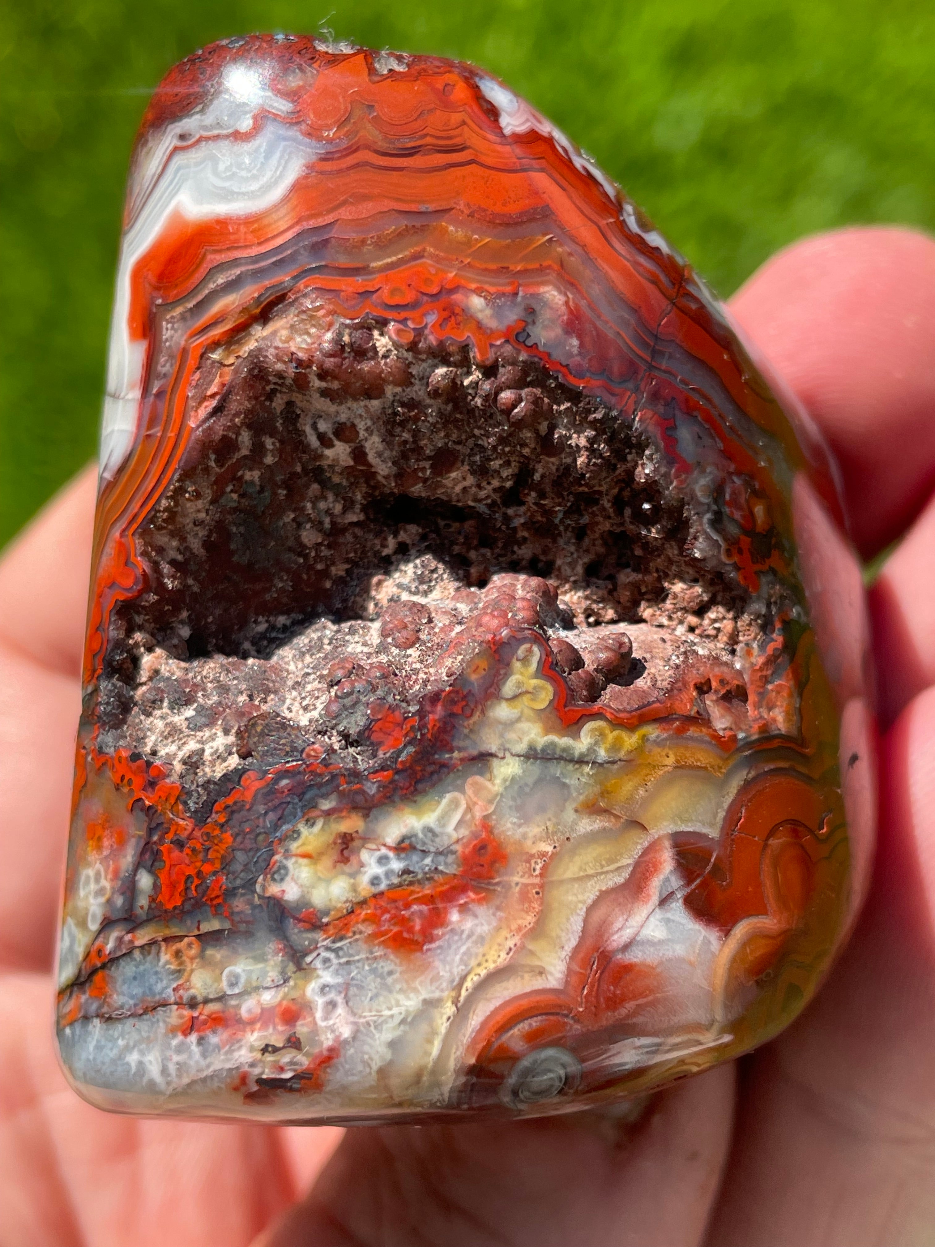 StoneBorn Creations Hand-Polished Lace Agate Freeform with Crimson Fortification Banding, Natural Druzy Pocket, and Preserved Volcanic Matrix