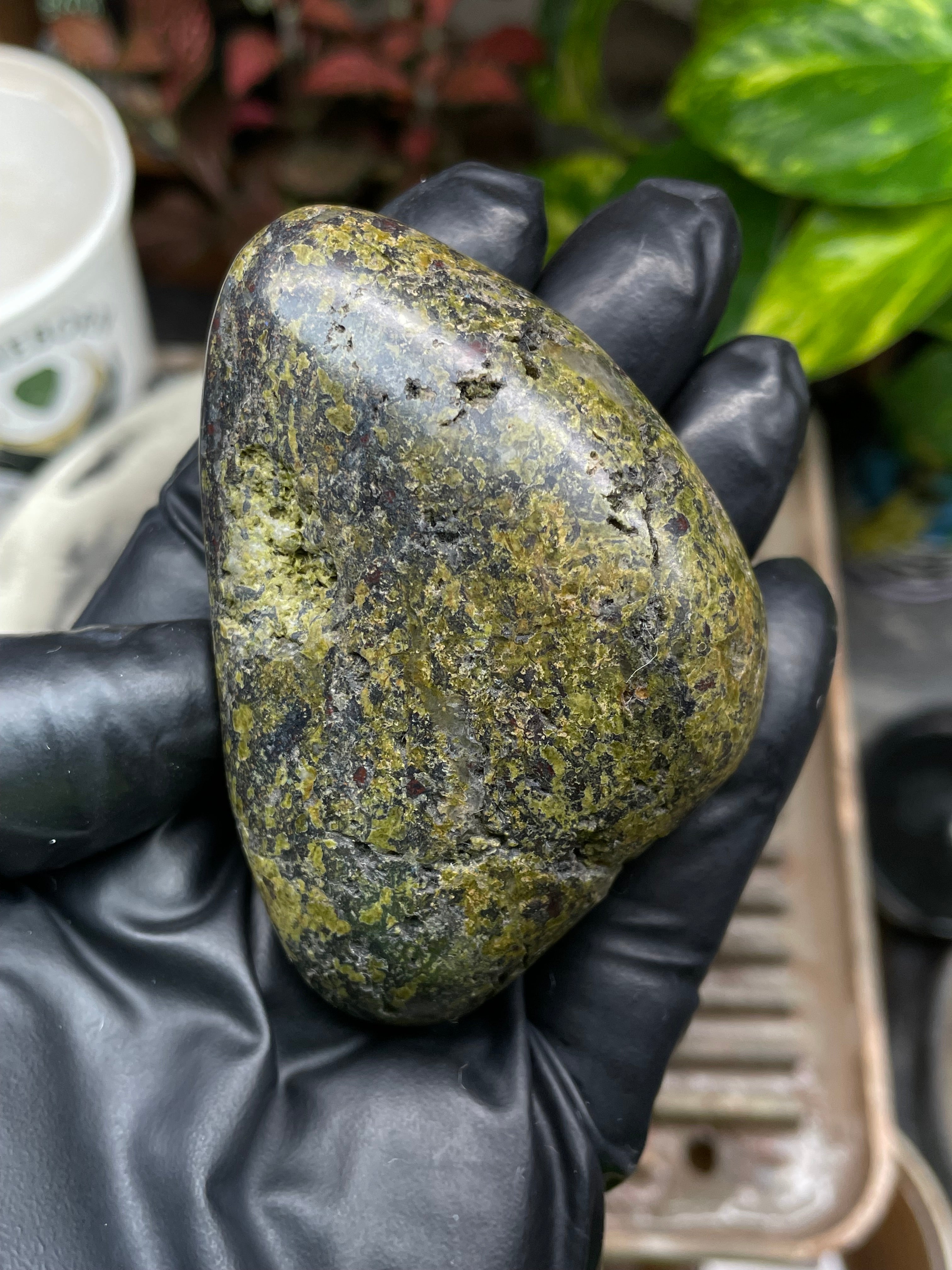 StoneBorn Creations Hand-Polished Vermont Serpentine with Garnet Flecking, Quartz Pockets, and Deep Olive Green Matrix Freeform Finish