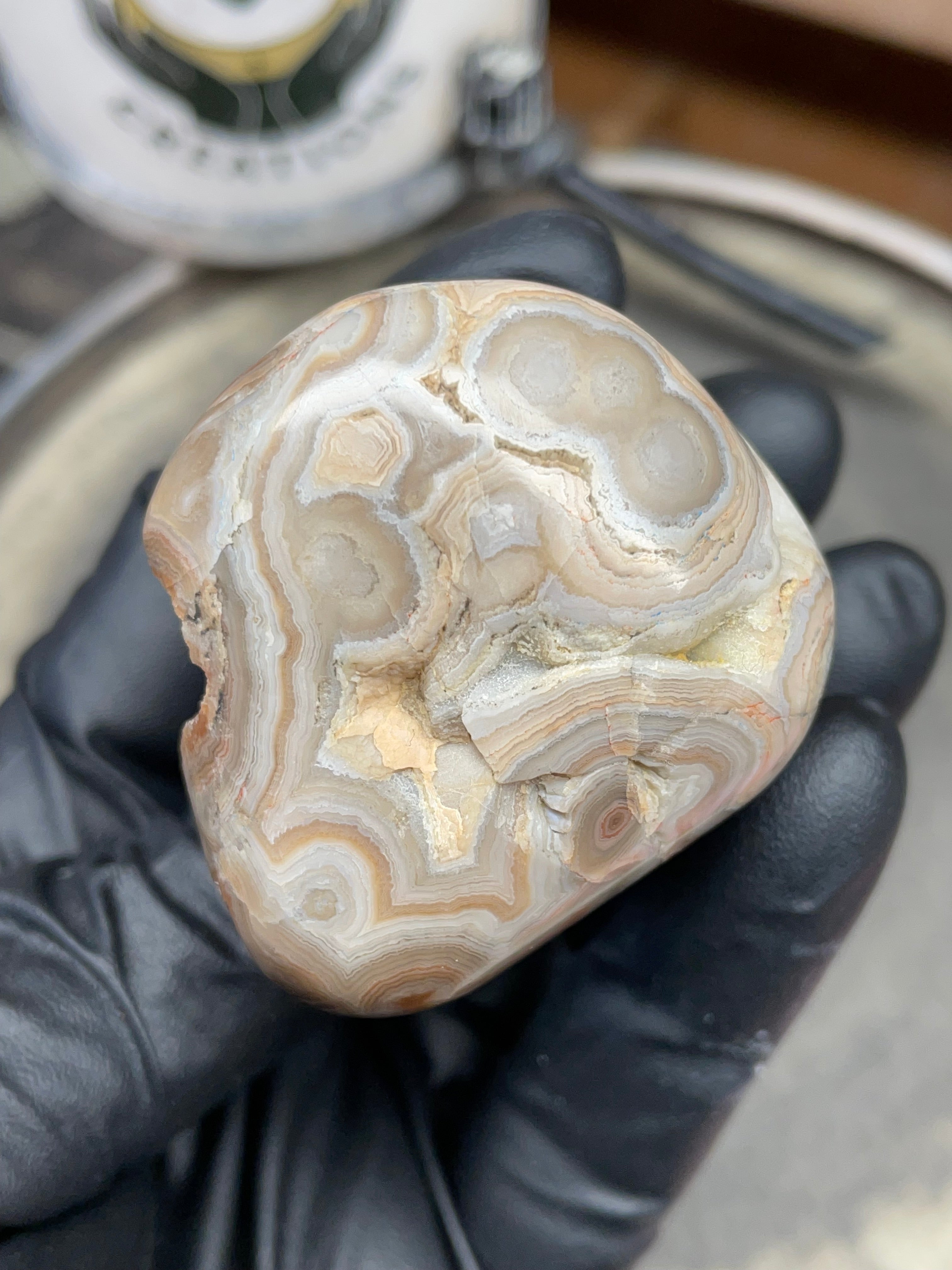 StoneBorn Creations – Hand Polished Georgia Lace Agate with Natural Druzy Crystal Pocket | One-of-a-Kind Display Stone