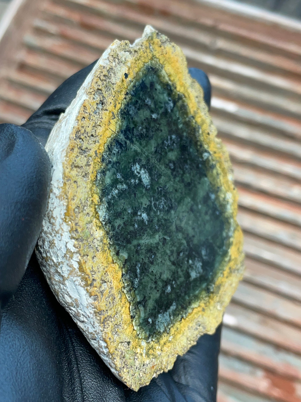 StoneBorn Creations | Polished Vermont Greenstone Slab — Deep Green Core with Golden Weathered Rind