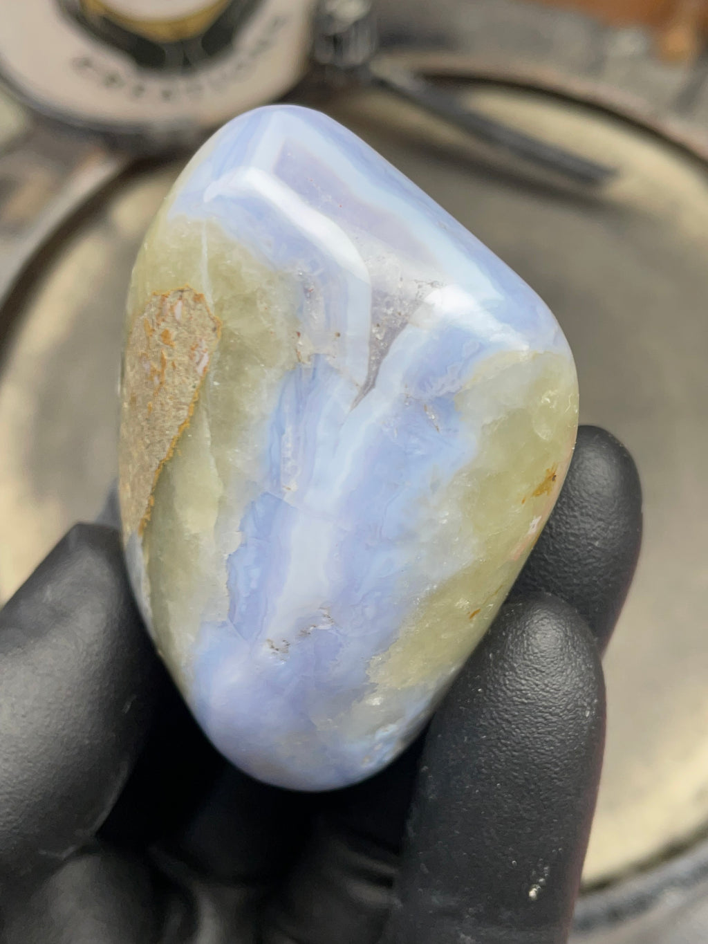 StoneBorn Creations Hand Polished Blue Chalcedony Agate with Natural Druzy Pocket