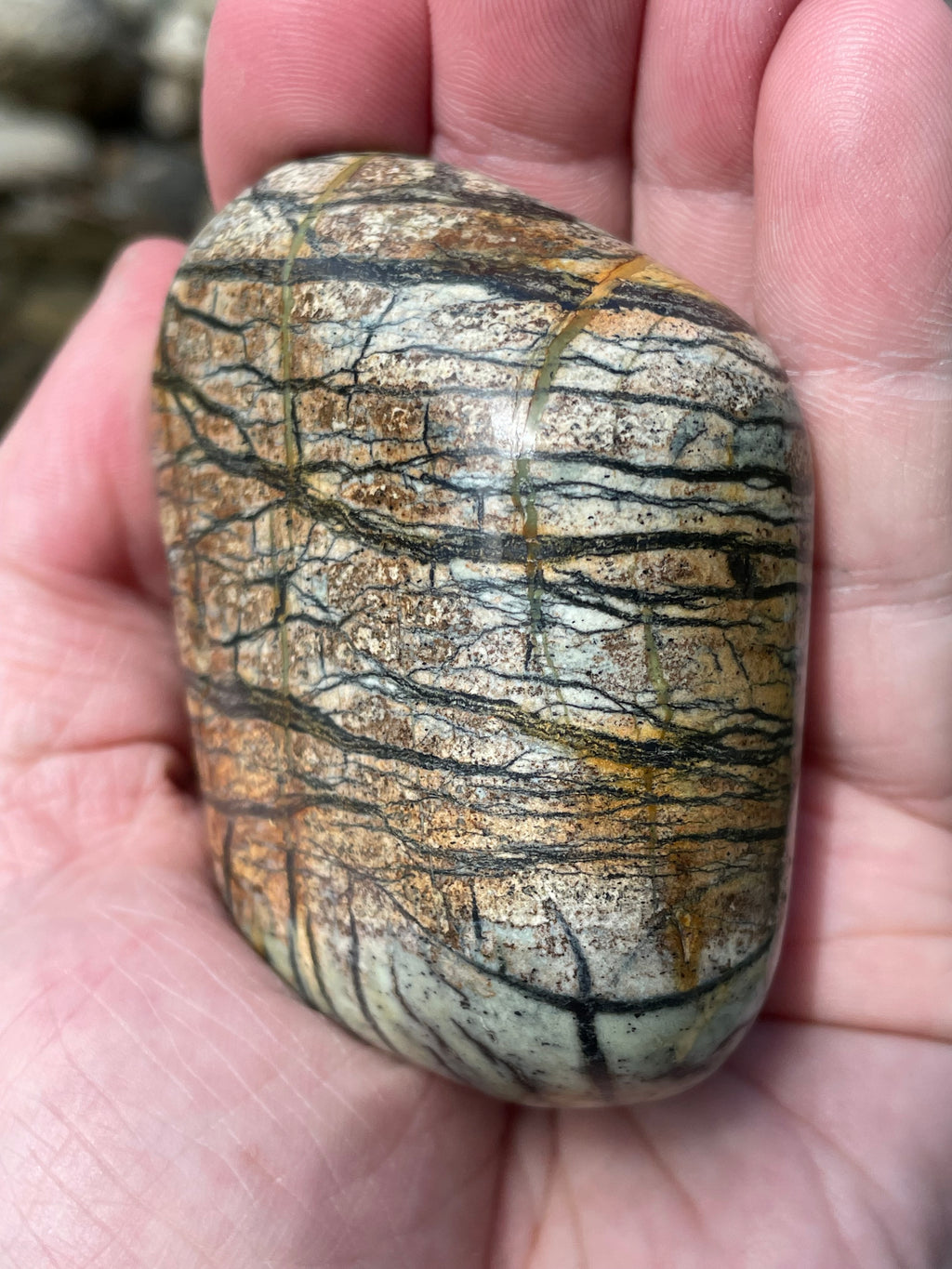 StoneBorn Creations Hand-Polished River Stone Freeform with Natural Black Webbing Patterns and Earthy Veining