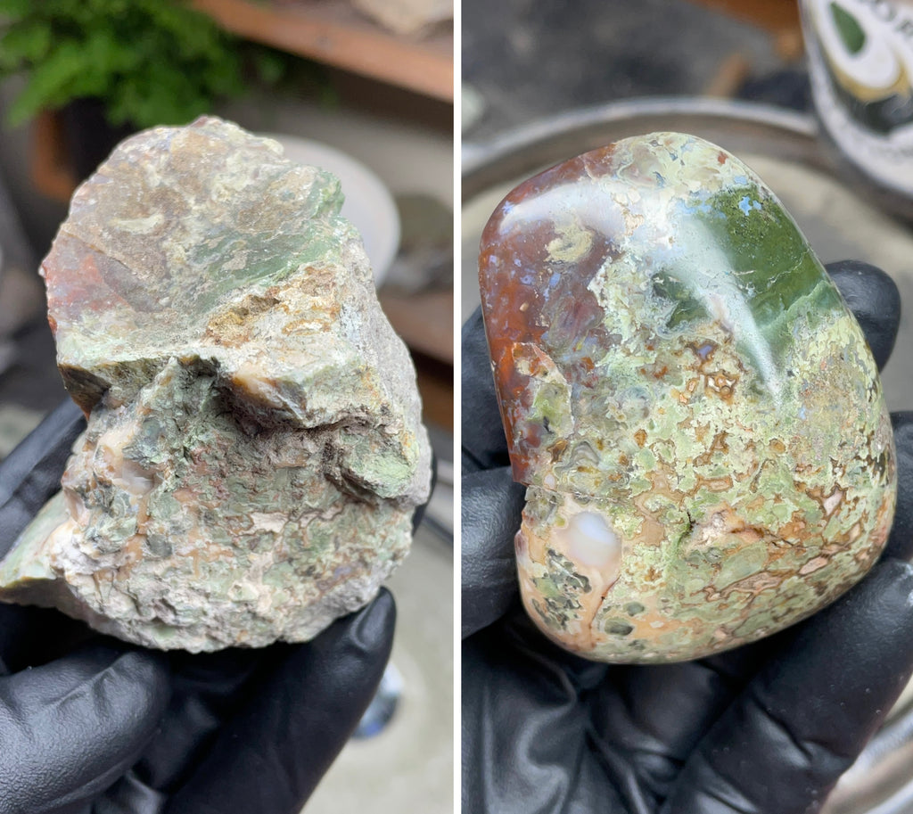 StoneBorn Creations Hand-Polished Multicolor Lace Agate with Natural Green and Rust Patterns – One-of-a-Kind Display Stone