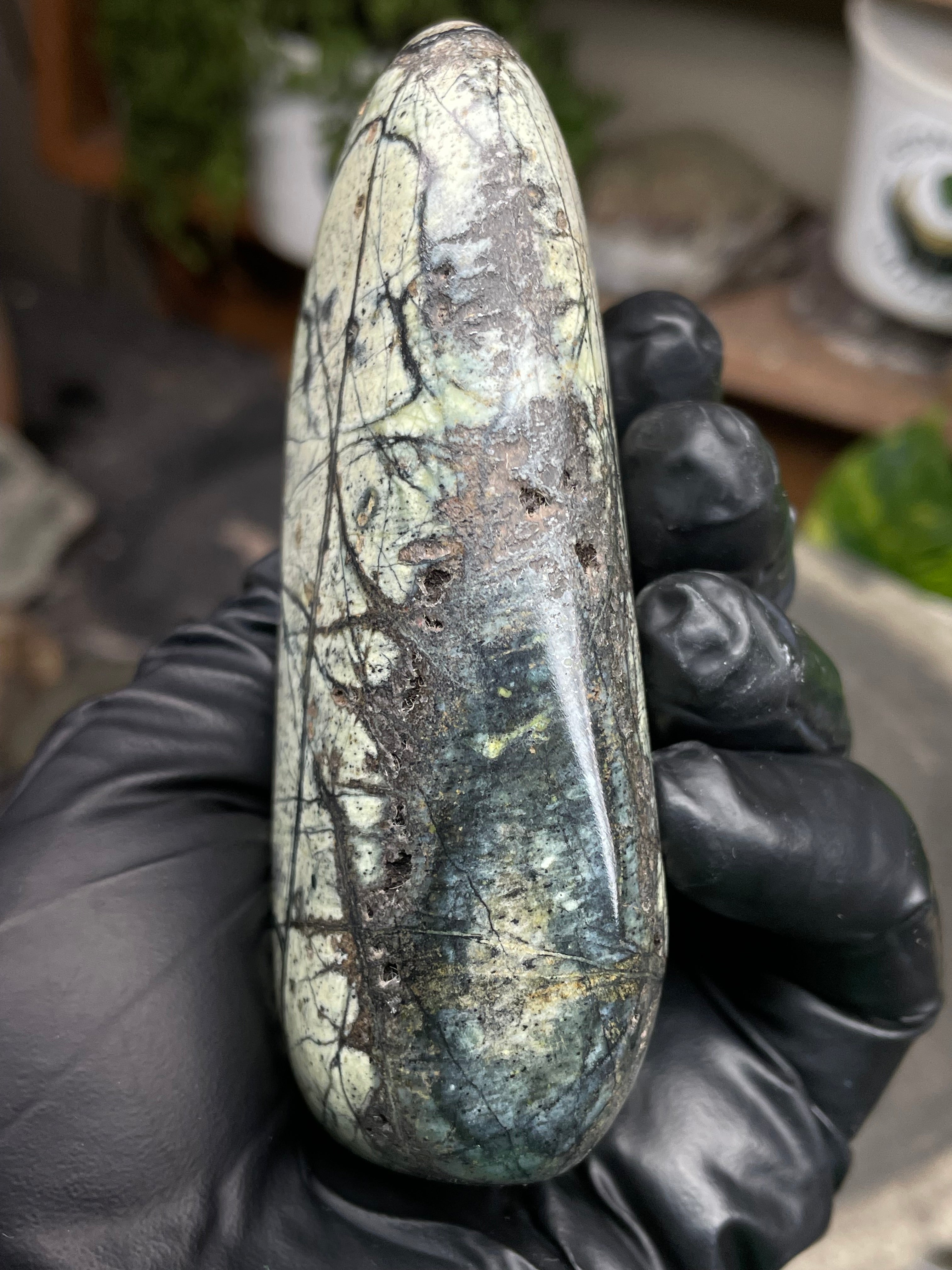StoneBorn Creations Hand-Polished Vermont Serpentine with Spiderweb Veining, Soft Ivory Green Tones, and Natural Earth Markings