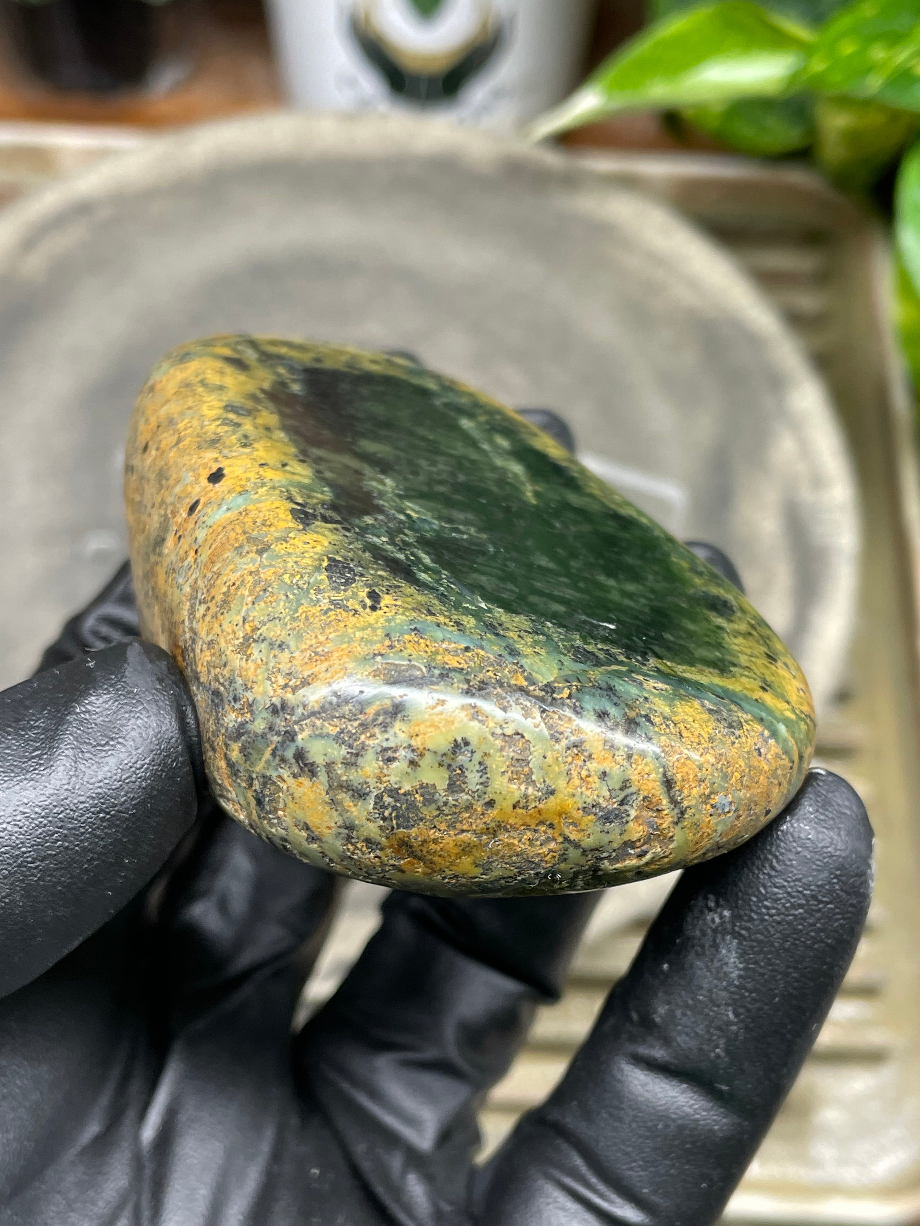 StoneBorn Creations Hand-Polished Vermont River Stone Pair – Rounded Freeform Halves with Natural Raw Backs & Deep Green Interior Patterns