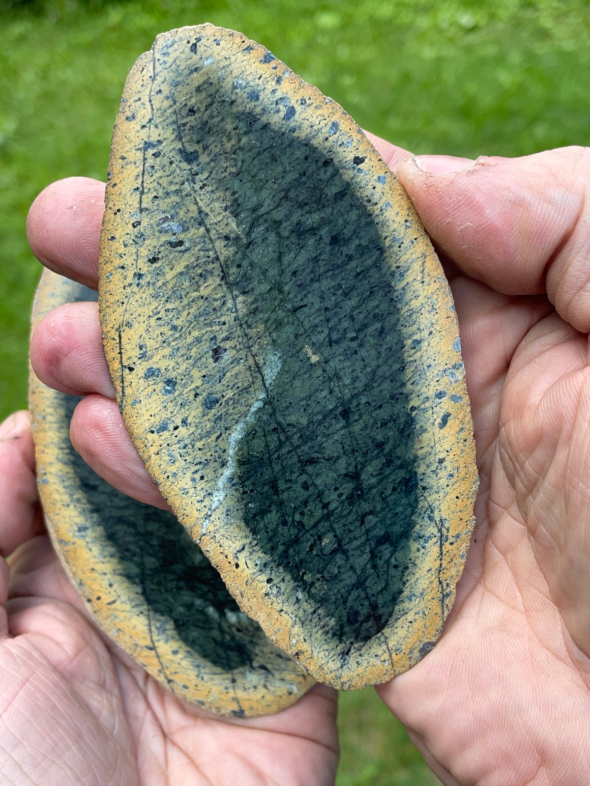 StoneBorn Creations – Hand-Polished Forest Green Stone Pair | Golden Earth Tones & Natural Mineral Veining