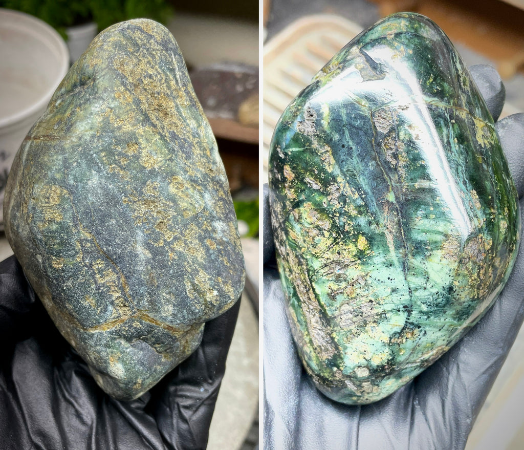 StoneBorn Creations Half-Polished Vermont Serpentine with Natural Gold Flecking – Raw & Polished One-of-a-Kind Display Stone