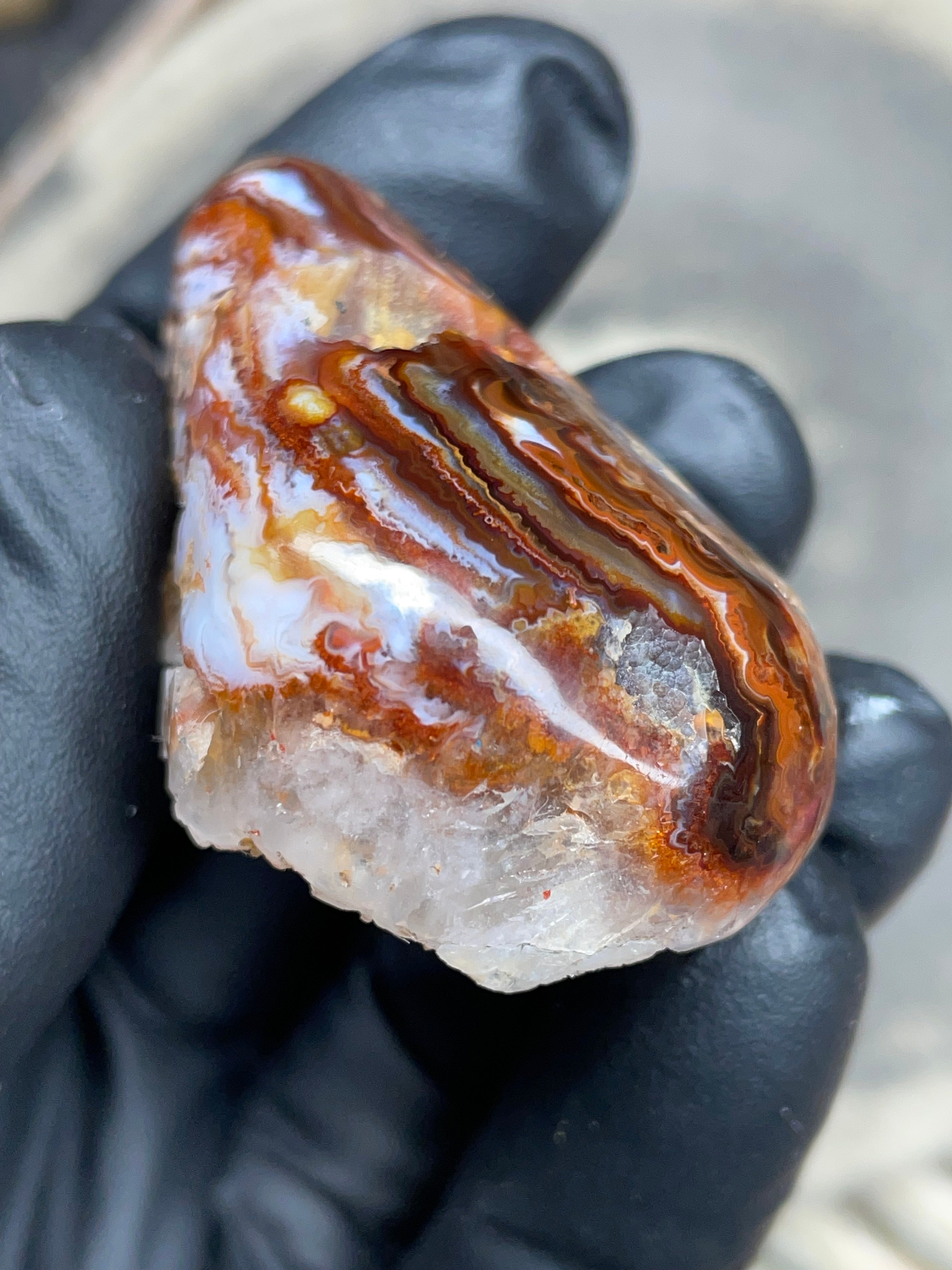 StoneBorn Creations Hand-Polished Fire Agate with Raw Crystal Top – Banded Natural Agate Display Stone