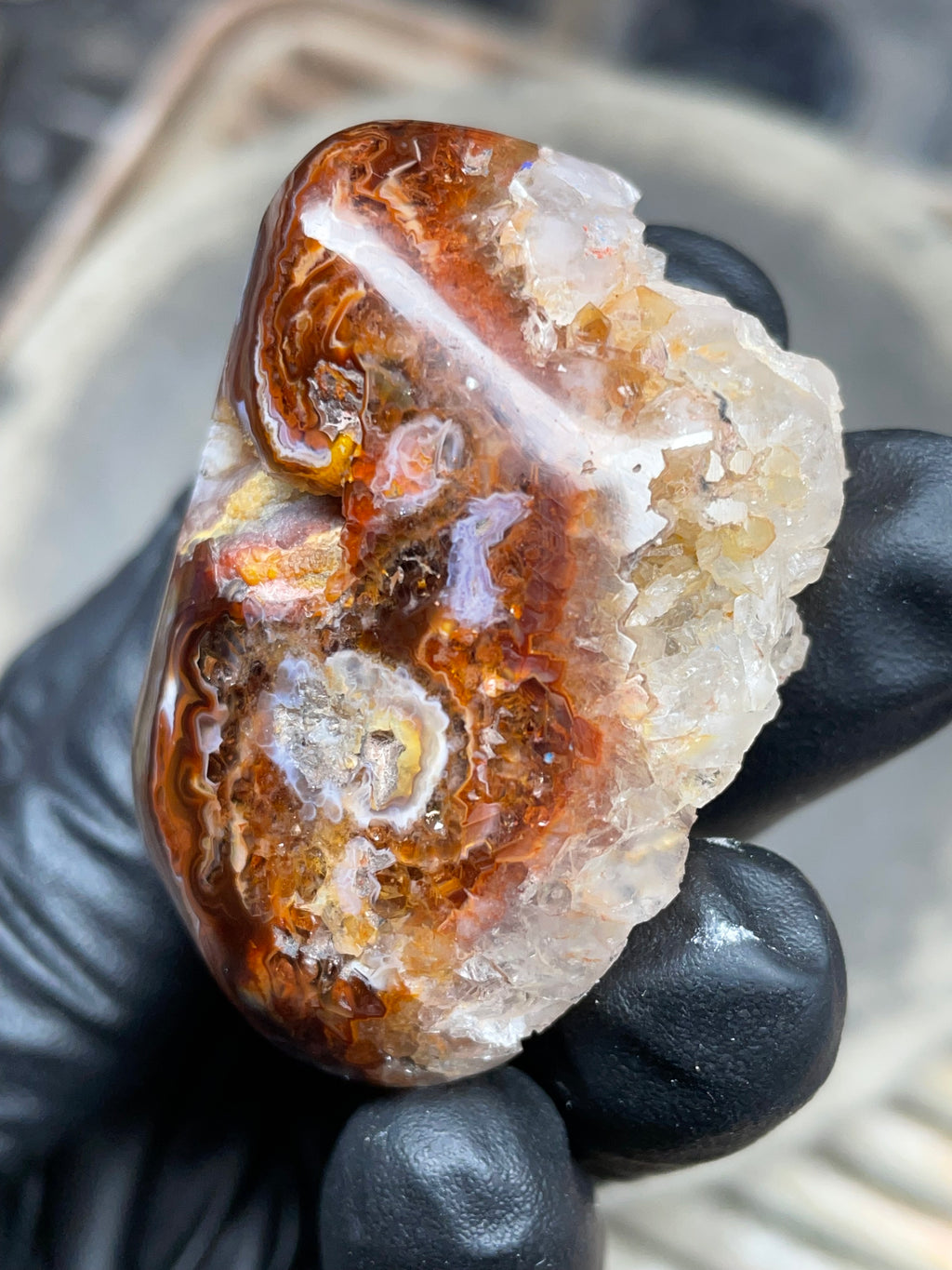 StoneBorn Creations Hand-Polished Fire Agate with Raw Crystal Top – Banded Natural Agate Display Stone