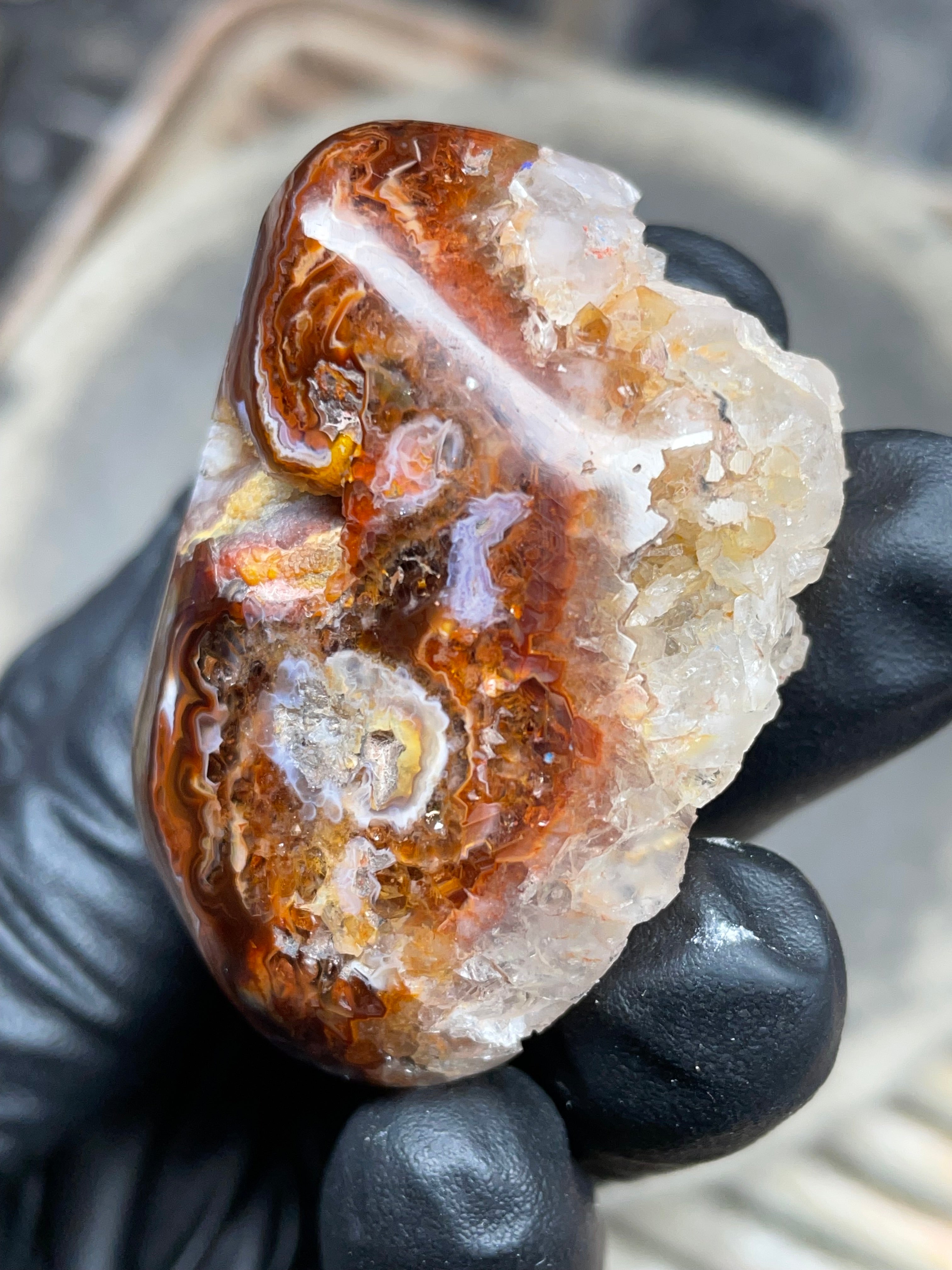 StoneBorn Creations Hand-Polished Fire Agate with Raw Crystal Top – Banded Natural Agate Display Stone