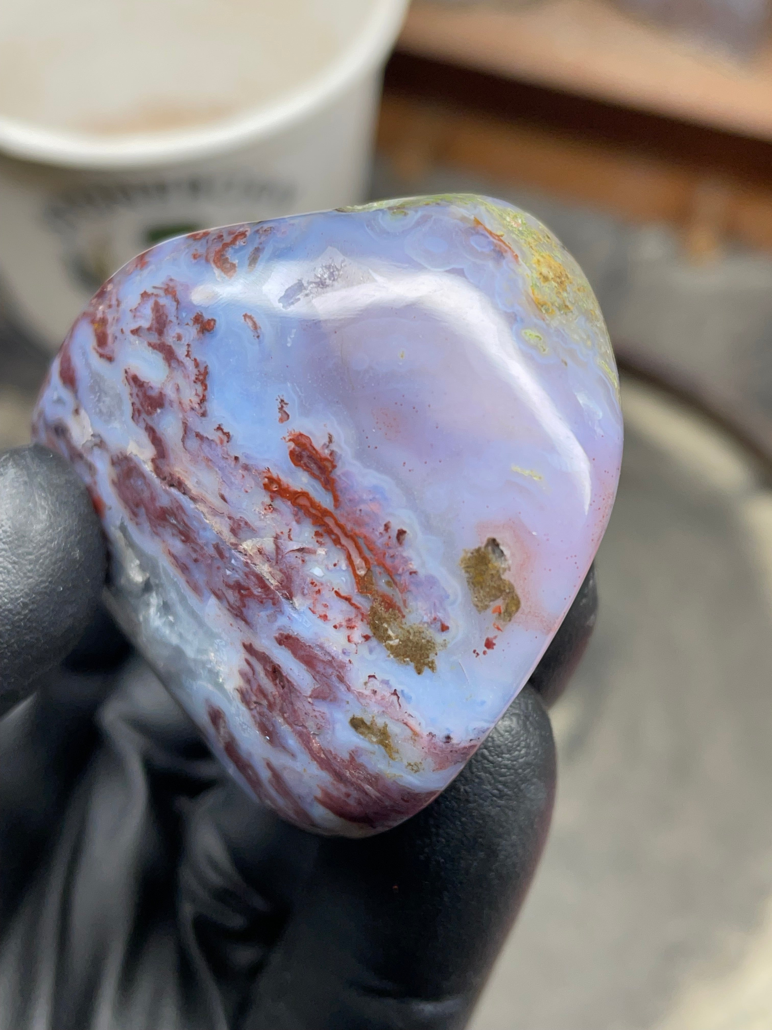 StoneBorn Creations – Hand-Polished Blue Lace Agate with Red Plume Inclusions & Natural Druzy
