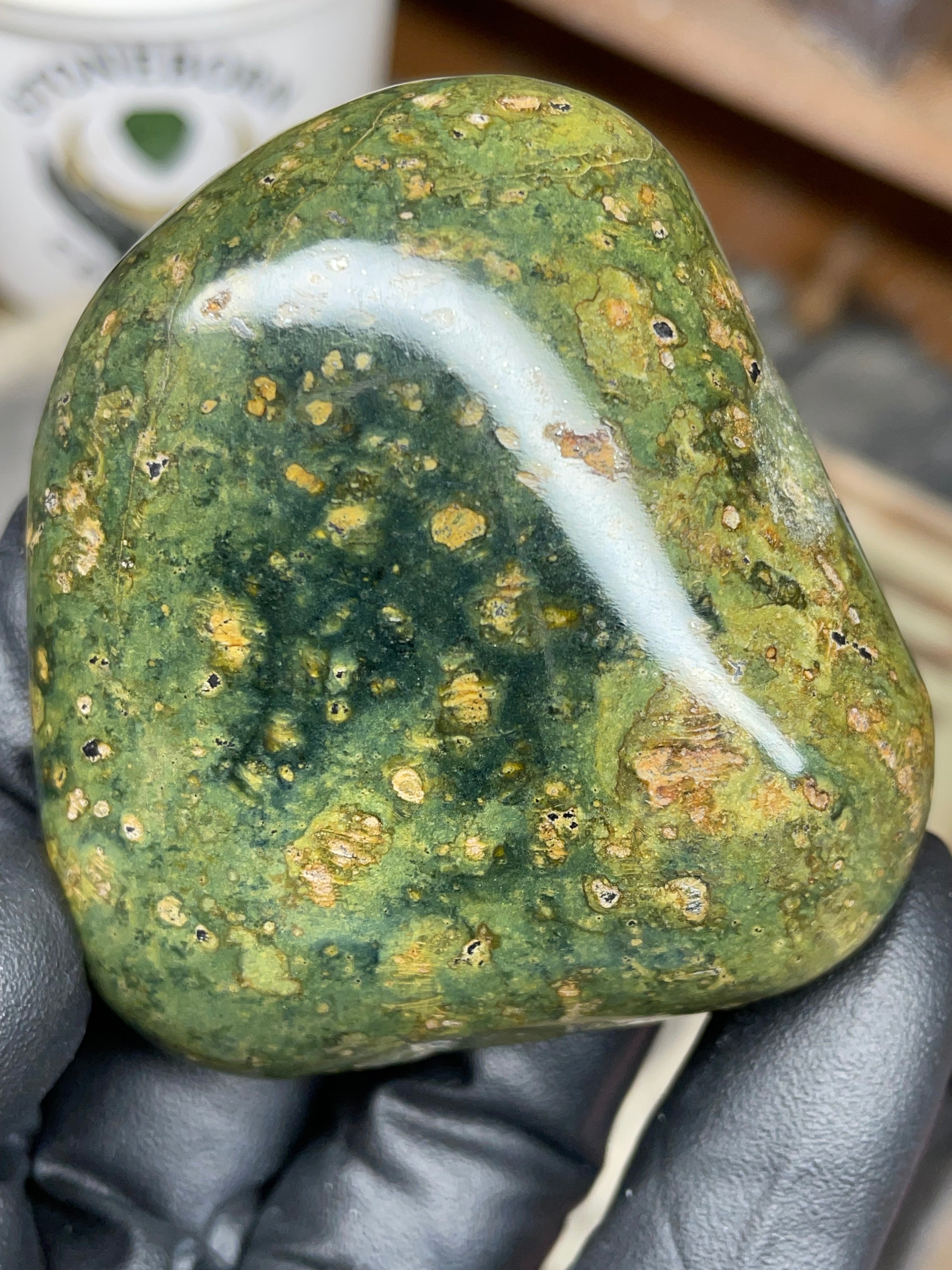 StoneBorn Creations – Hand-Polished Vermont Serpentine | Natural Green Stone with Golden Inclusions | One-of-a-Kind Display Piece