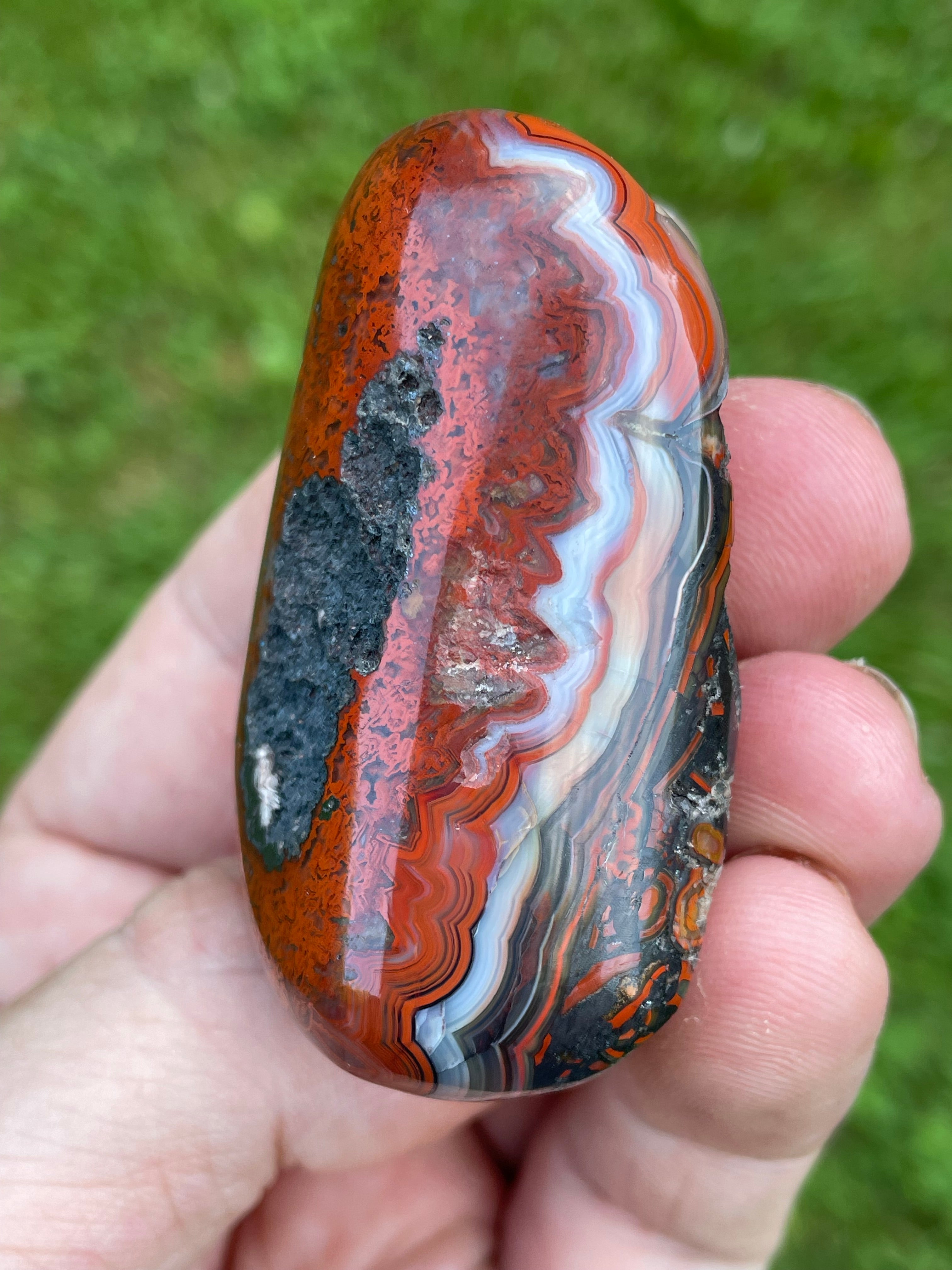 StoneBorn Creations Hand-Polished Lace Agate Freeform with Intricate Fortification Banding, Bold Red Plumes & Natural Druzy Matrix