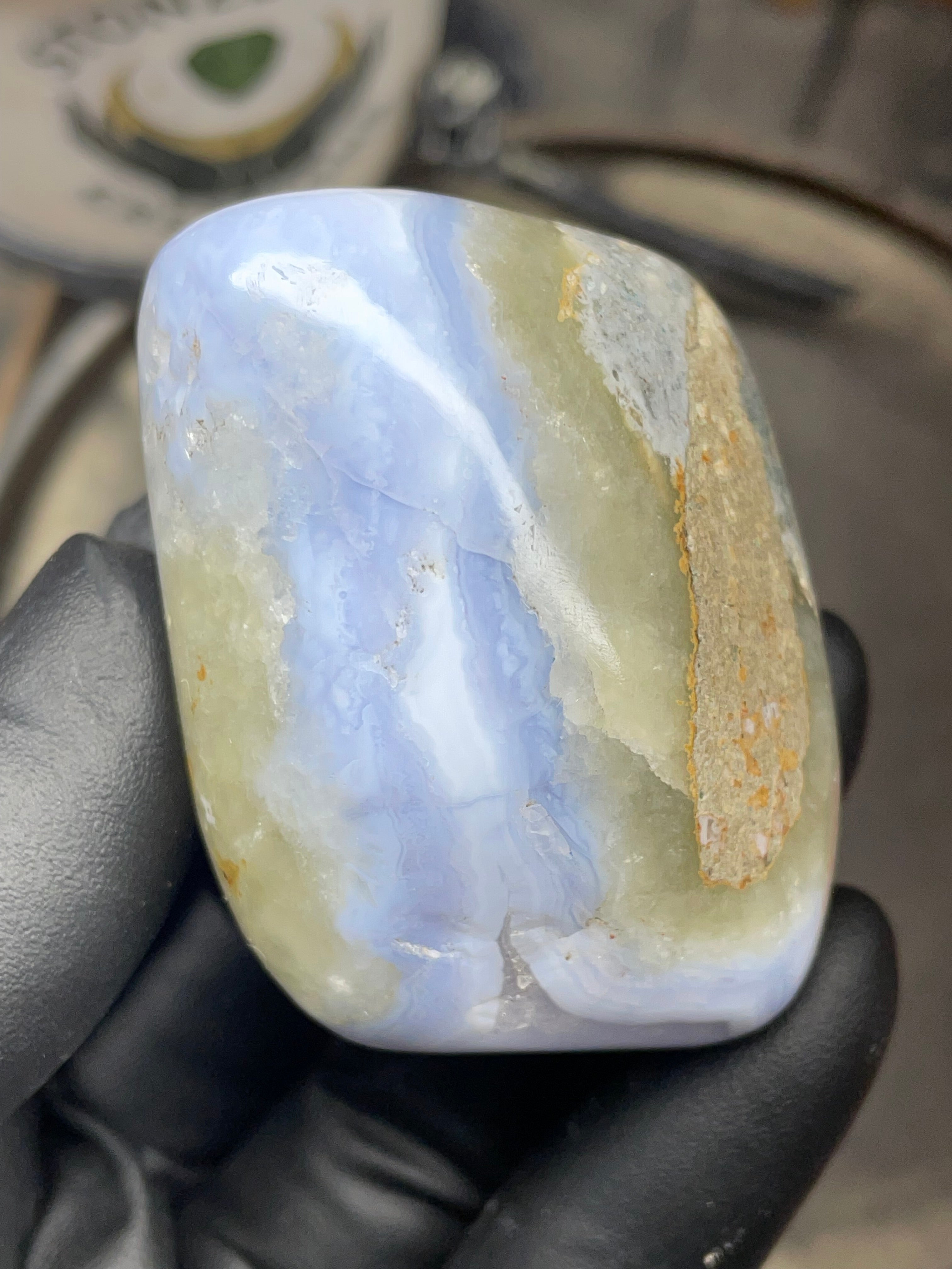StoneBorn Creations Hand Polished Blue Chalcedony Agate with Natural Druzy Pocket