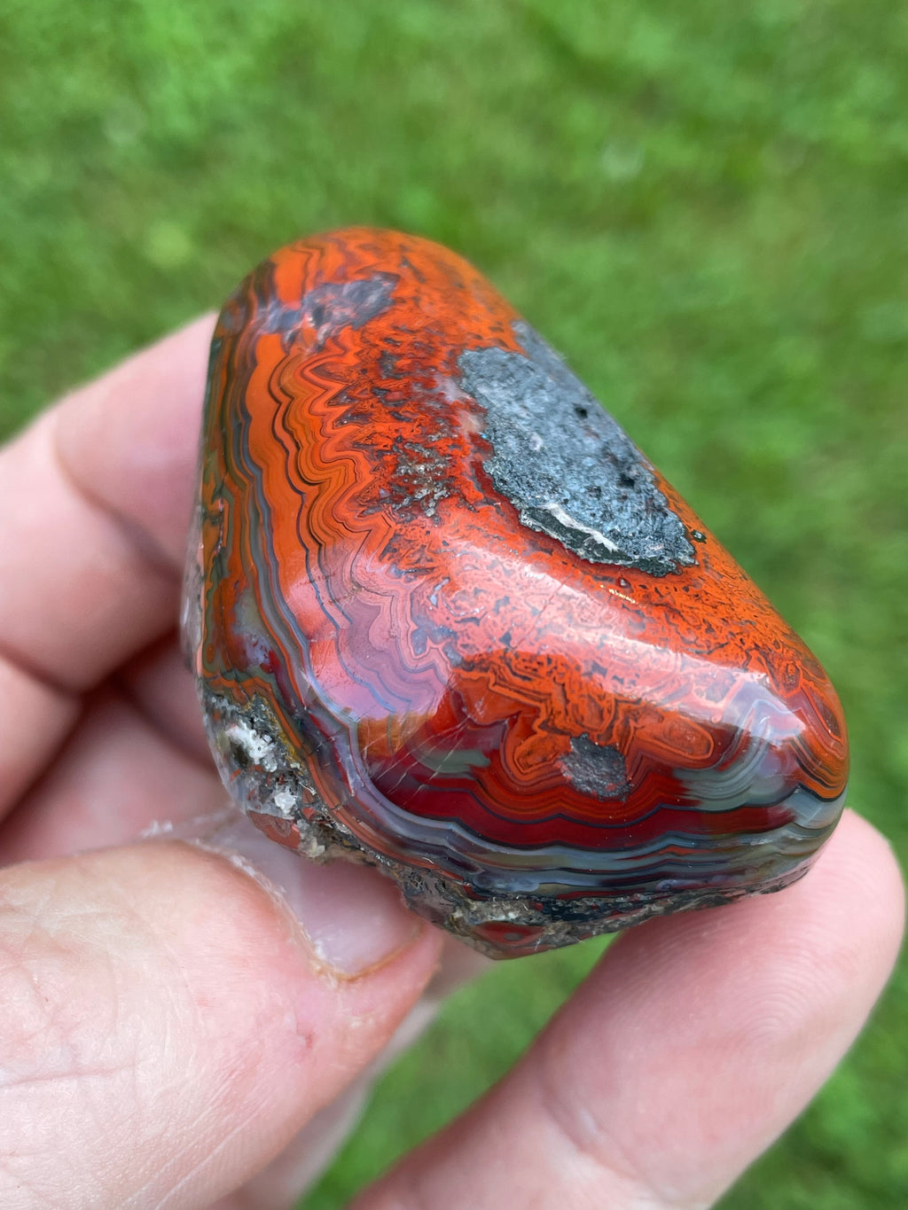 StoneBorn Creations Hand-Polished Lace Agate Freeform with Intricate Fortification Banding, Bold Red Plumes & Natural Druzy Matrix