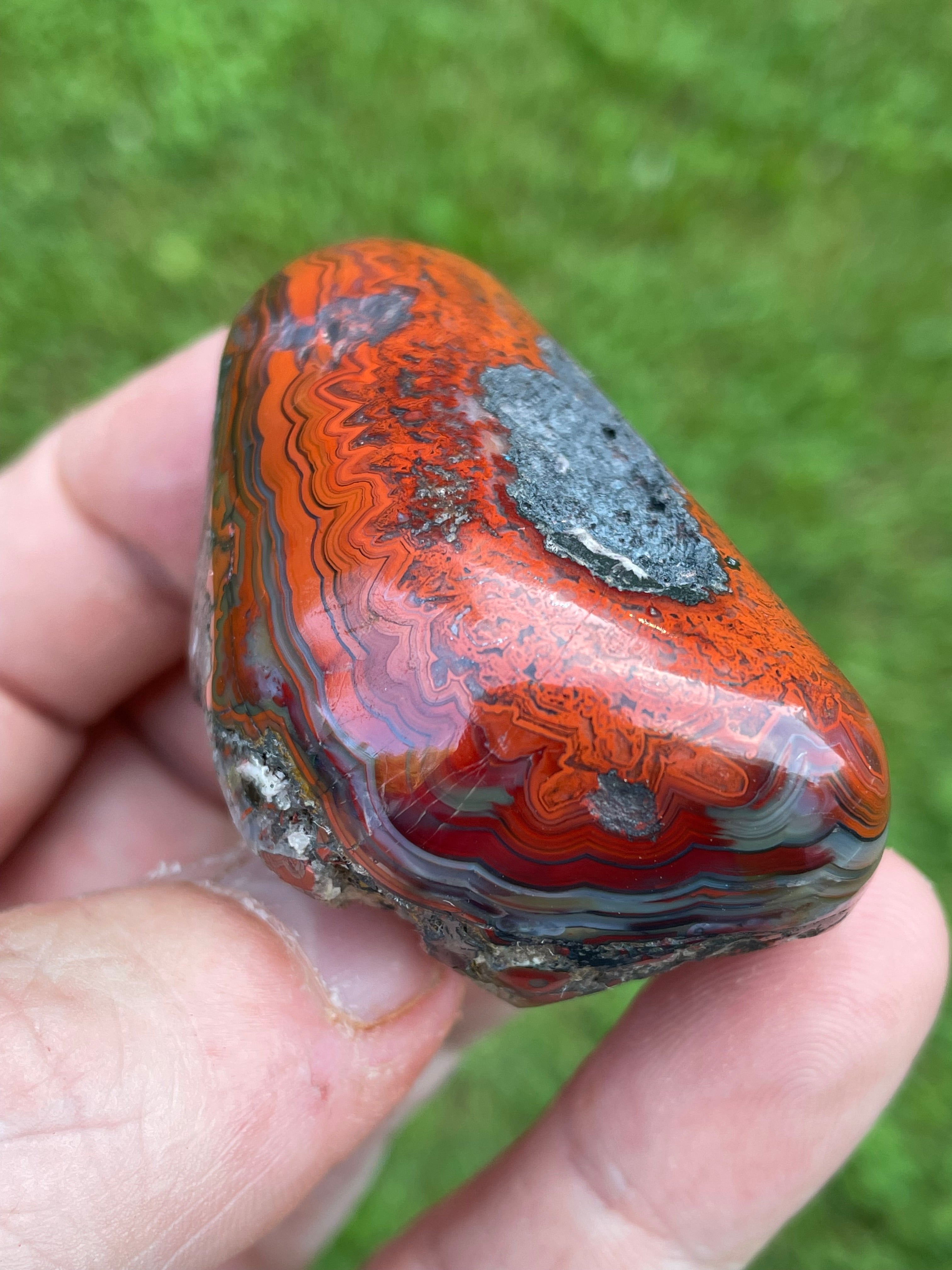 StoneBorn Creations Hand-Polished Lace Agate Freeform with Intricate Fortification Banding, Bold Red Plumes & Natural Druzy Matrix