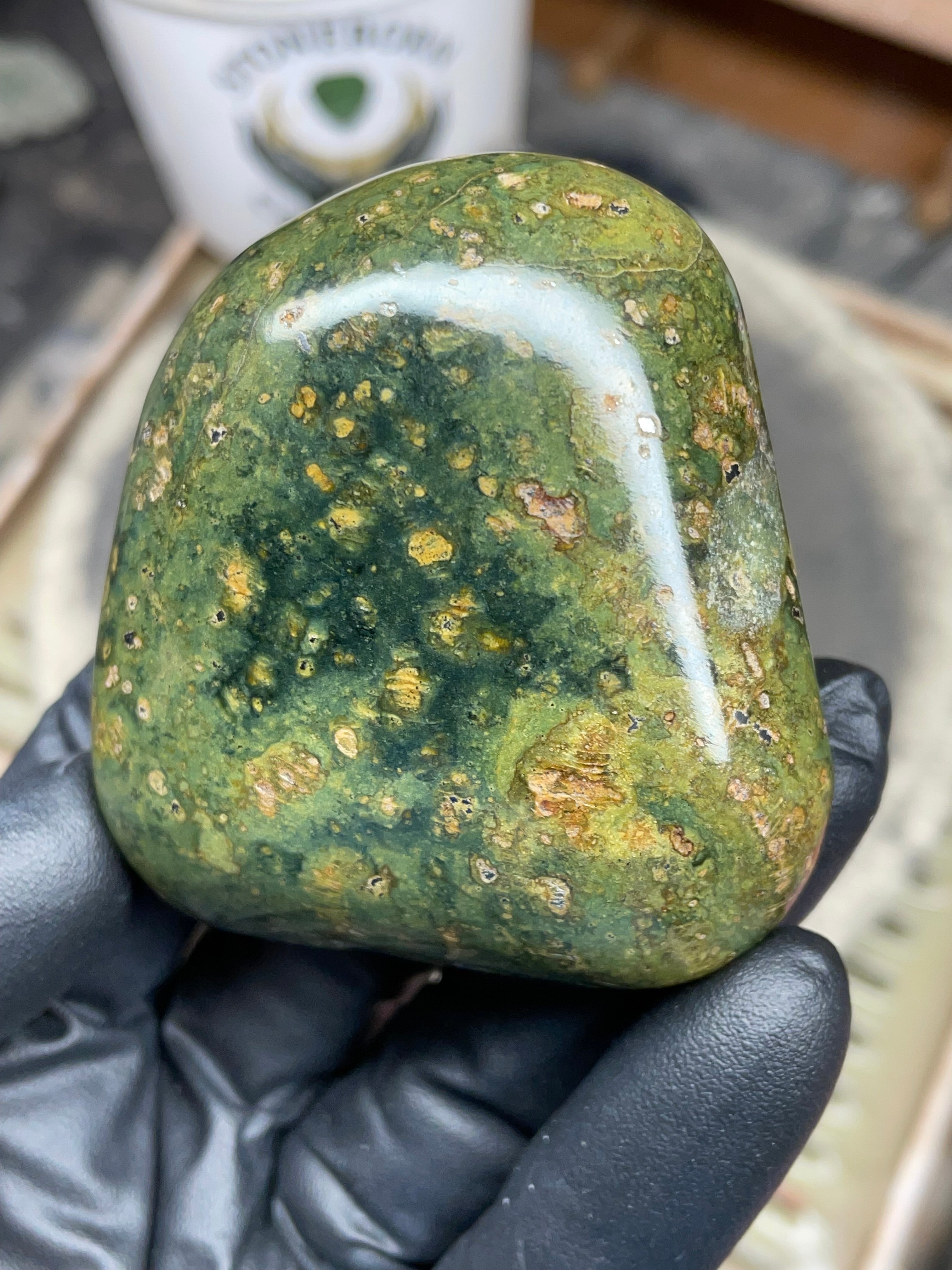 StoneBorn Creations – Hand-Polished Vermont Serpentine | Natural Green Stone with Golden Inclusions | One-of-a-Kind Display Piece