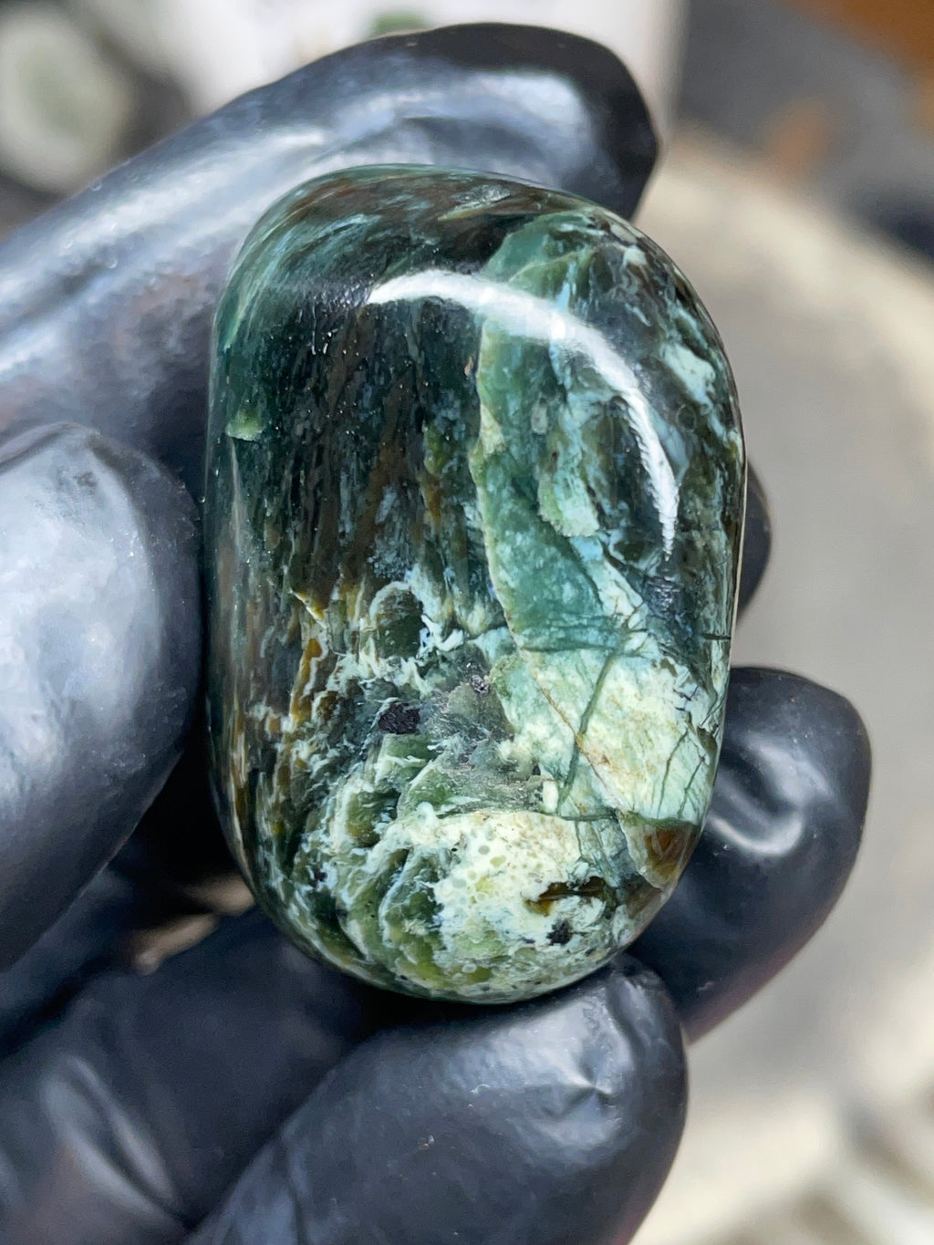 StoneBorn Creations Hand-Polished Vermont Serpentine – Deep Green Natural Patterns – One-of-a-Kind Display Stone