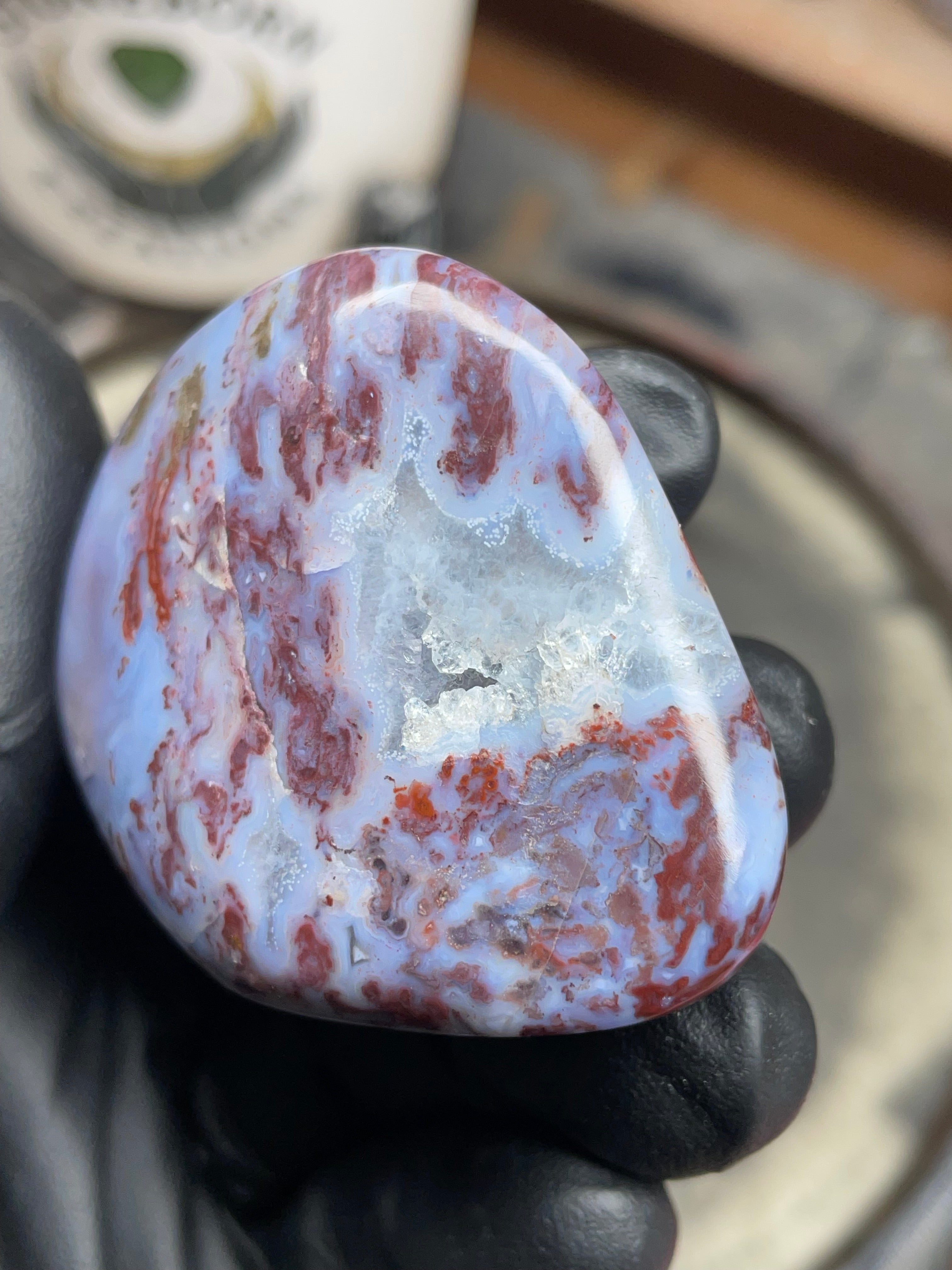 StoneBorn Creations – Hand-Polished Blue Lace Agate with Red Plume Inclusions & Natural Druzy