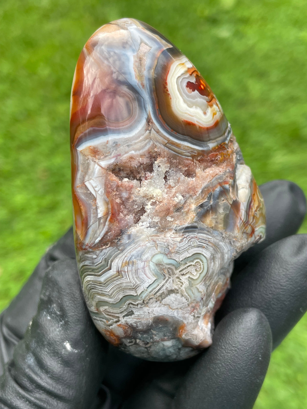 StoneBorn Creations Red Lace Agate Freeform – Hand Polished with Natural Quartz Pockets