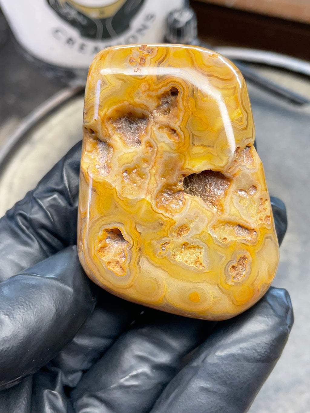 StoneBorn Creations – Crowley Ridge Agate w/ Golden Lace Banding & Natural Druzy Pockets (Hand-Polished)