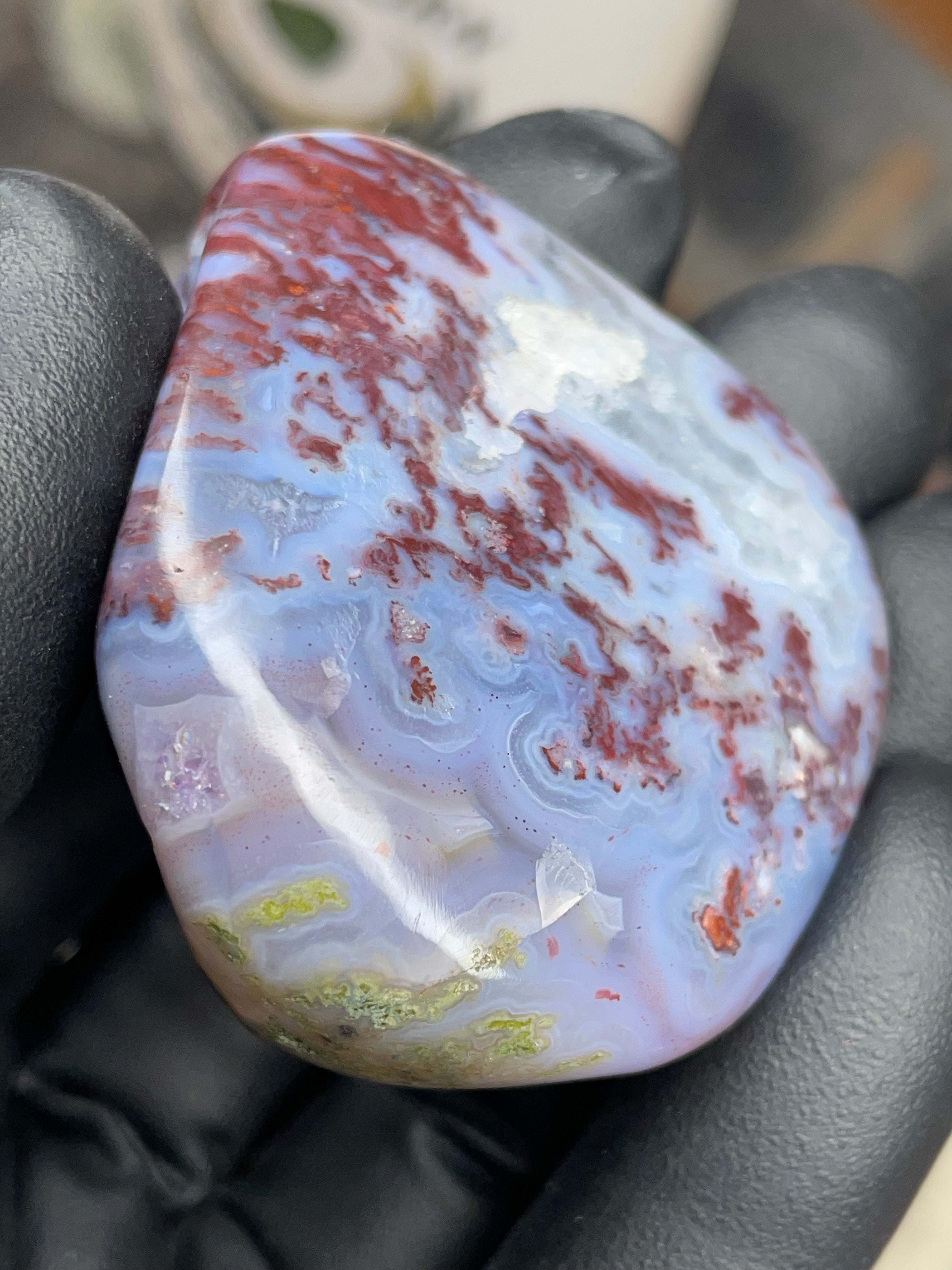 StoneBorn Creations – Hand-Polished Blue Lace Agate with Red Plume Inclusions & Natural Druzy