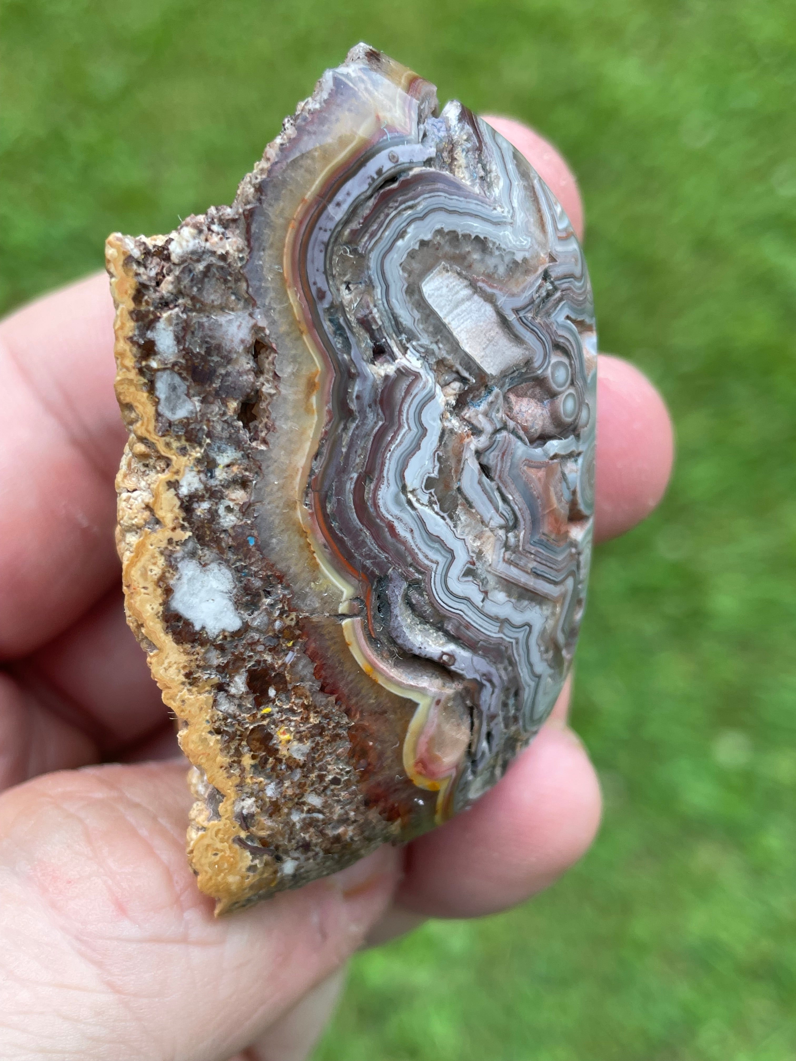 StoneBorn Creations Hand-Polished Custom Shaped Lace Agate Freeform with Natural Druzy Quartz, Orbicular Eyes & Fortification Banding