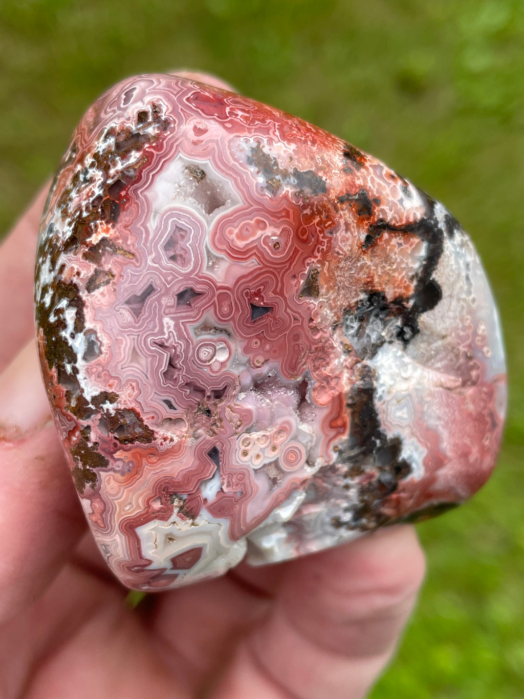 StoneBorn Creations Hand-Polished Lace Agate Freeform with Crimson Fortification Banding, Natural Druzy Cavities, and Intricate Orbicular Patterns