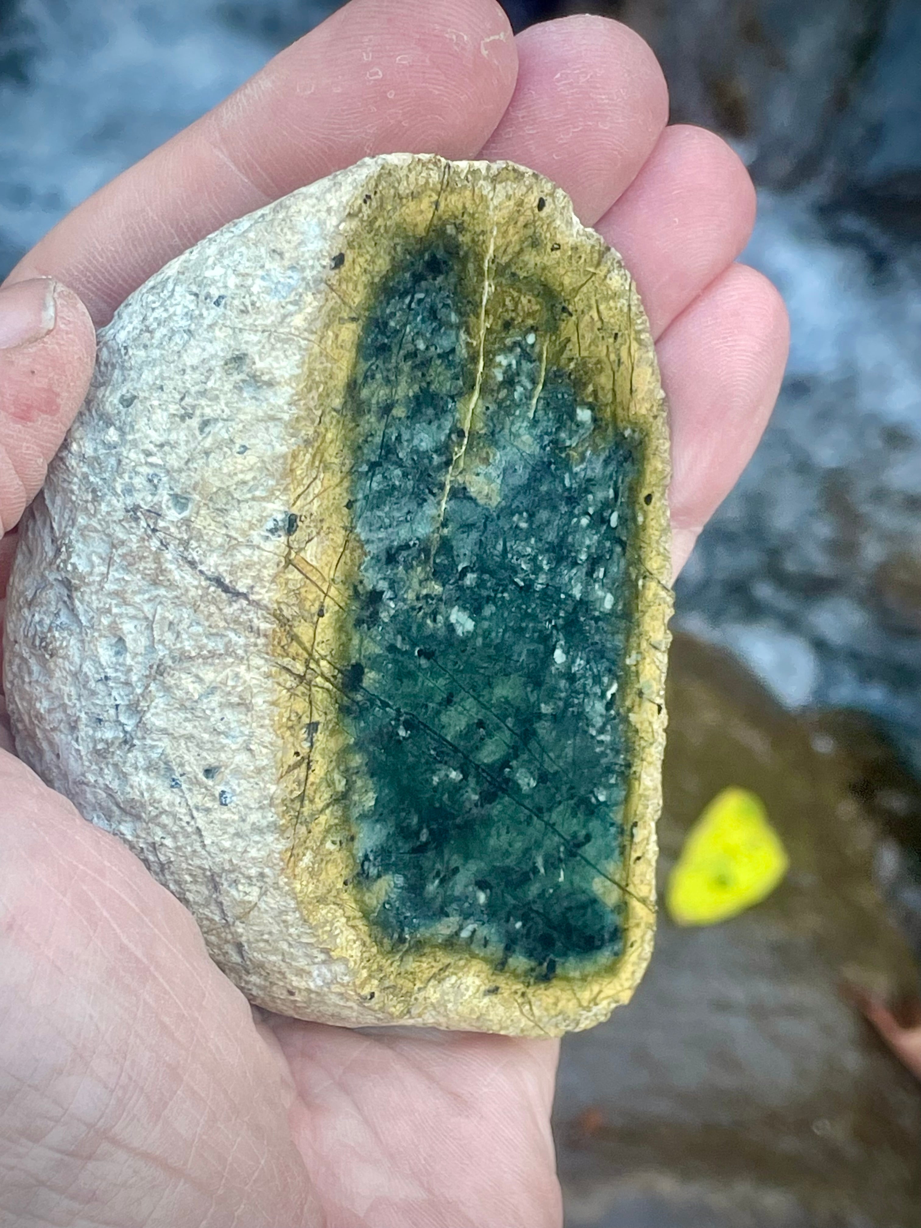 Polished Green Serpentine Stone • Deep Forest Core & Golden Mineral Halo