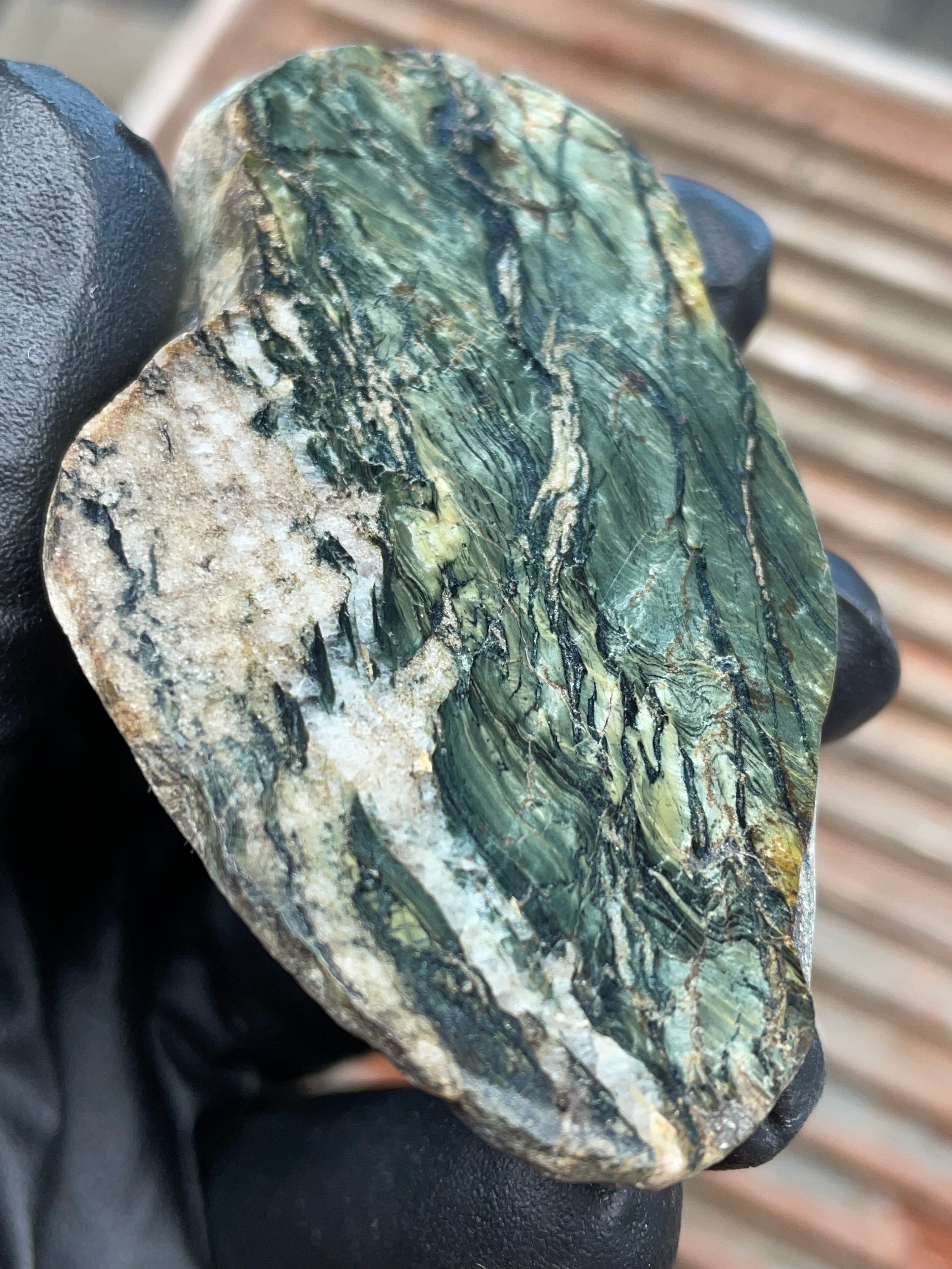 StoneBorn Creations | Polished Vermont Greenstone Slab — Flowing Forest Bands + Quartz Seam