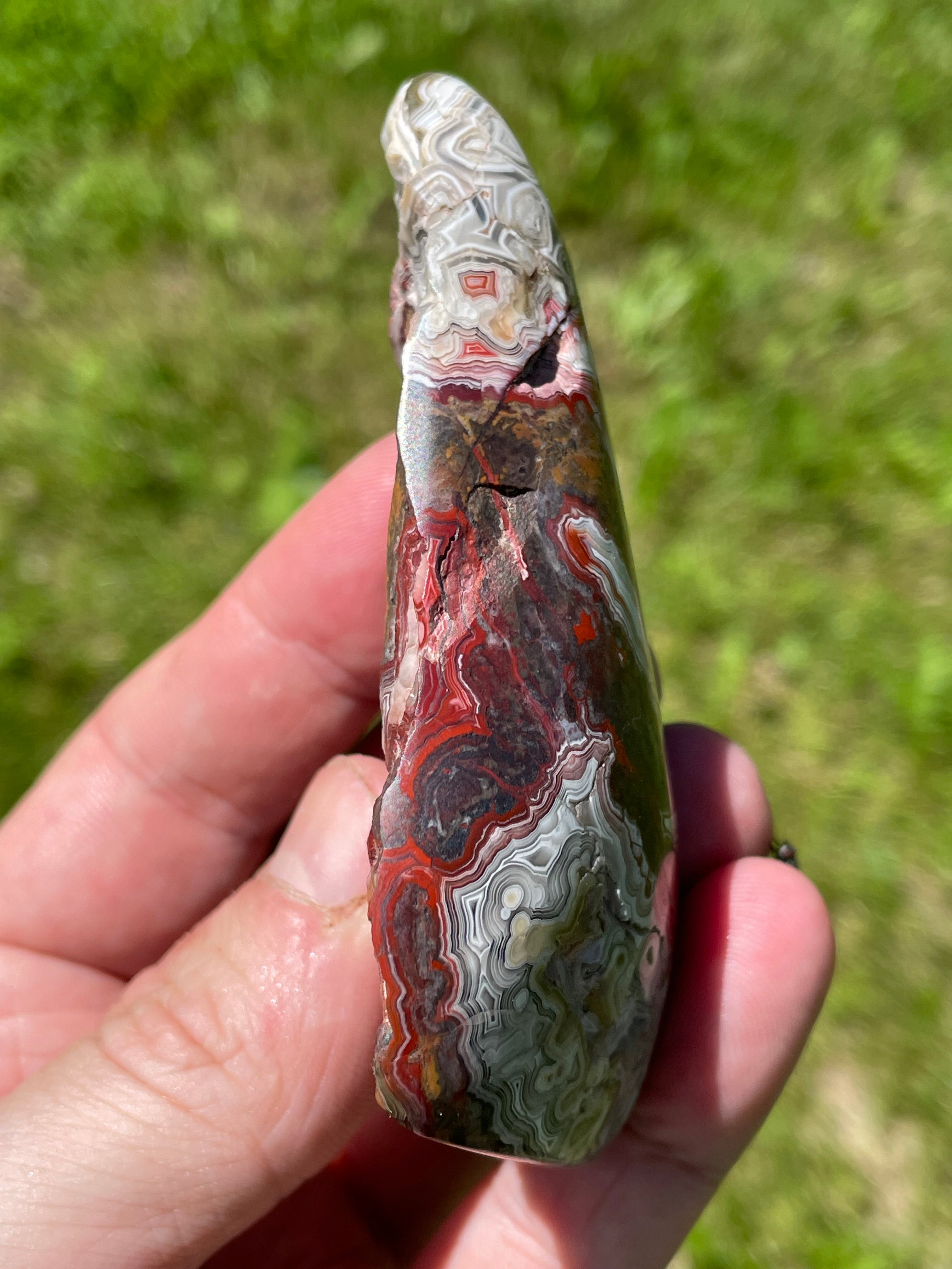 StoneBorn Creations Hand-Polished Lace Agate Freeform with Deep Crimson Banding, Intricate Fortification Patterns, and Natural Druzy Pocket