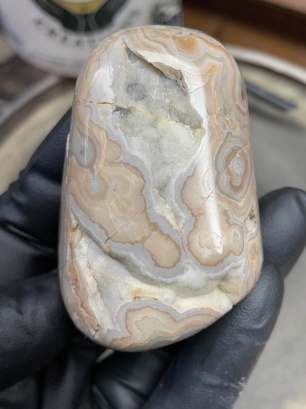 StoneBorn Creations – Hand Polished Georgia Lace Agate with Natural Druzy Crystal Pocket | One-of-a-Kind Display Stone