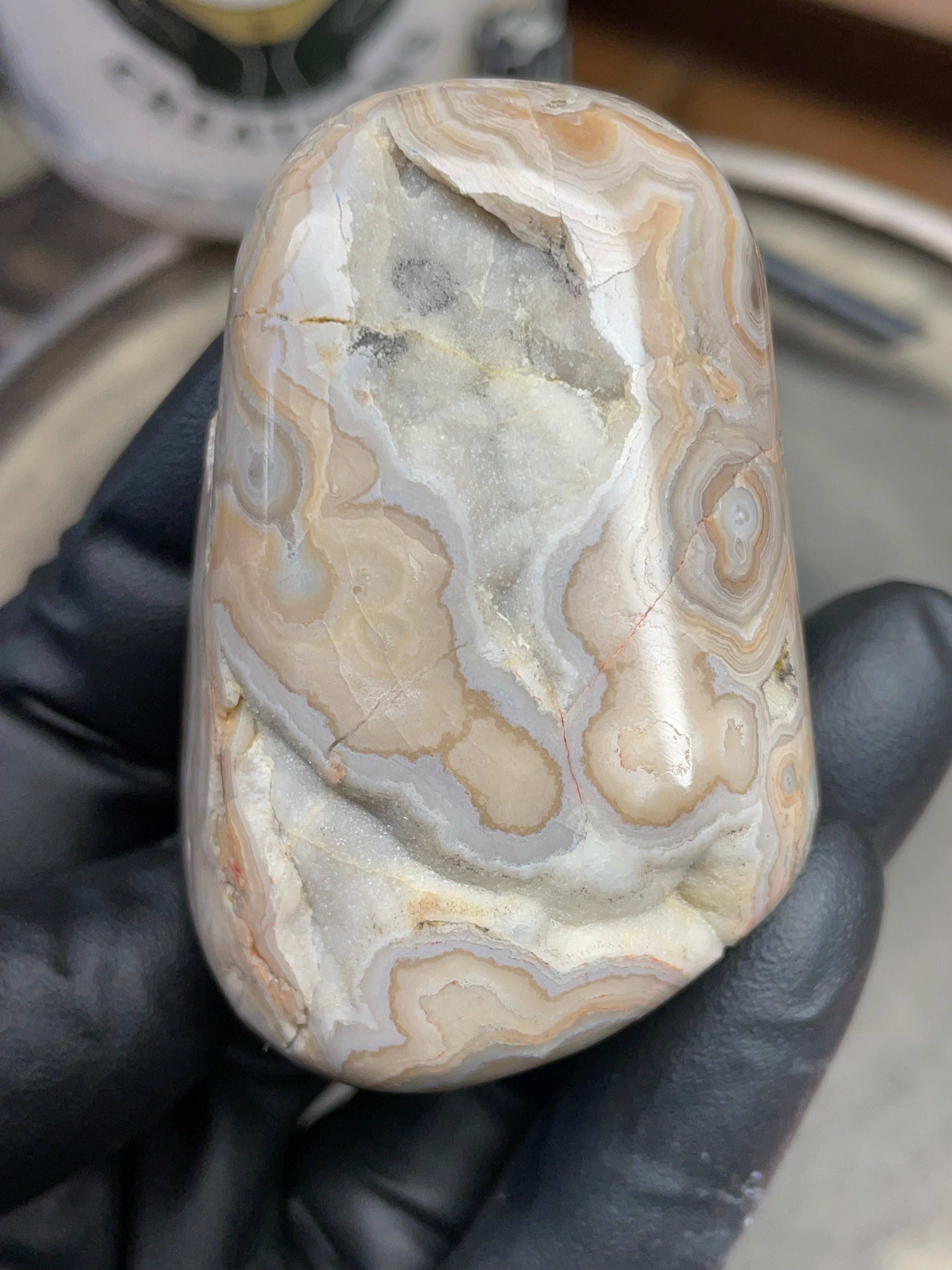 StoneBorn Creations – Hand Polished Georgia Lace Agate with Natural Druzy Crystal Pocket | One-of-a-Kind Display Stone