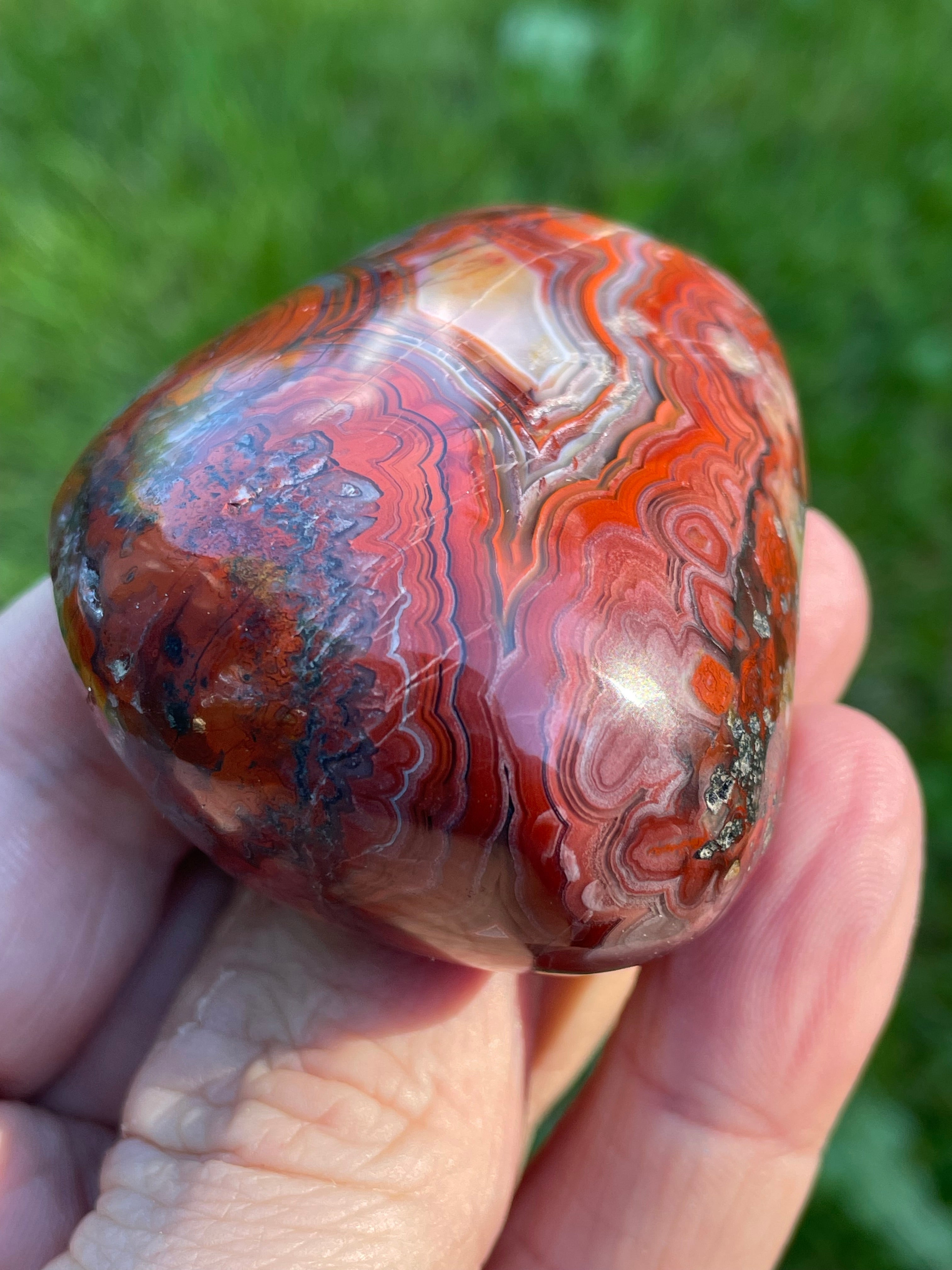StoneBorn Creations Hand-Polished Lace Agate Freeform with Curved Polished Face, Fortification Banding, and Natural Raw Backing