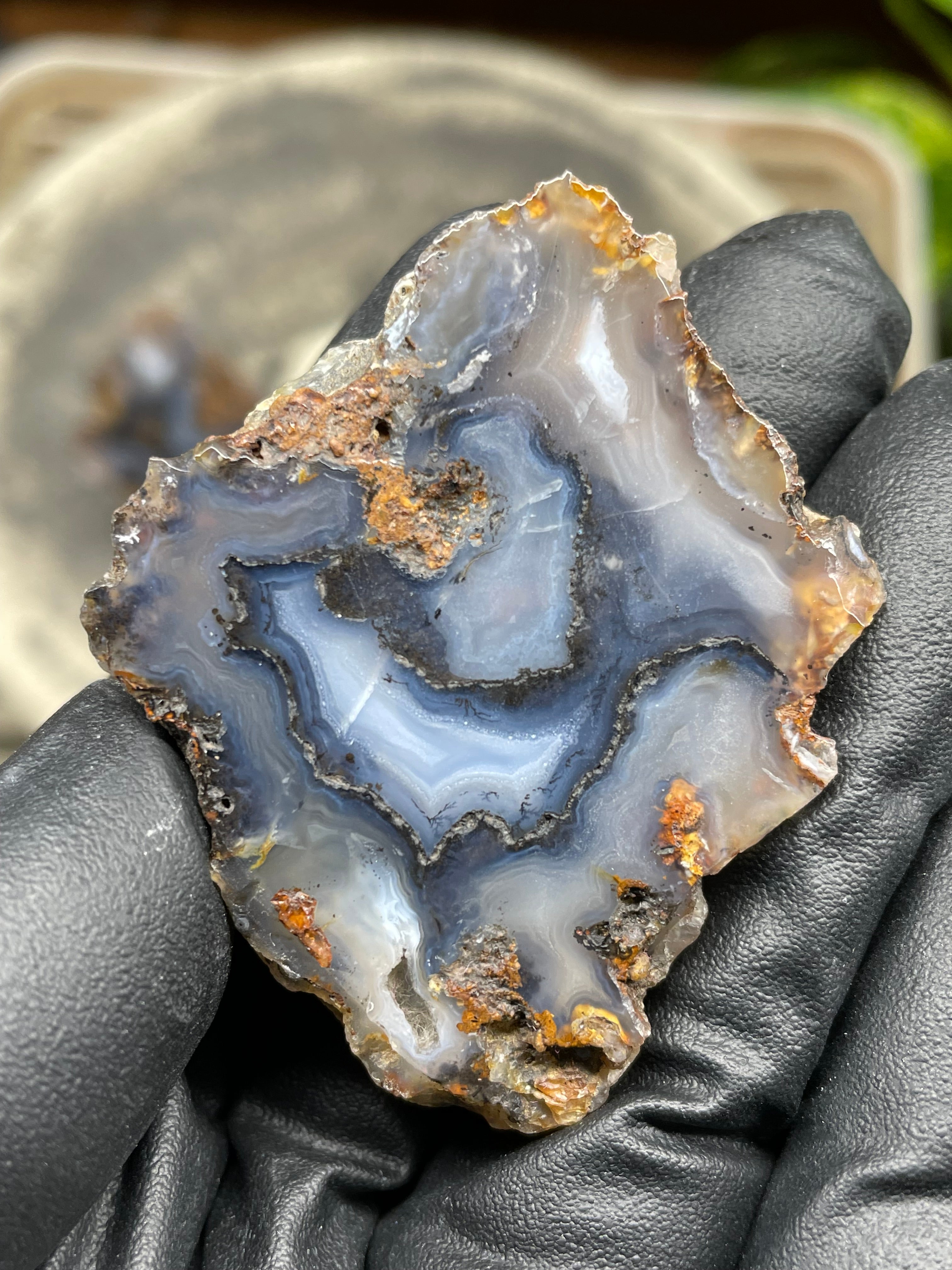StoneBorn Creations Hand-Polished Banded Agate Pair – Cut Matching Halves with Steel-Blue Fortification Bands