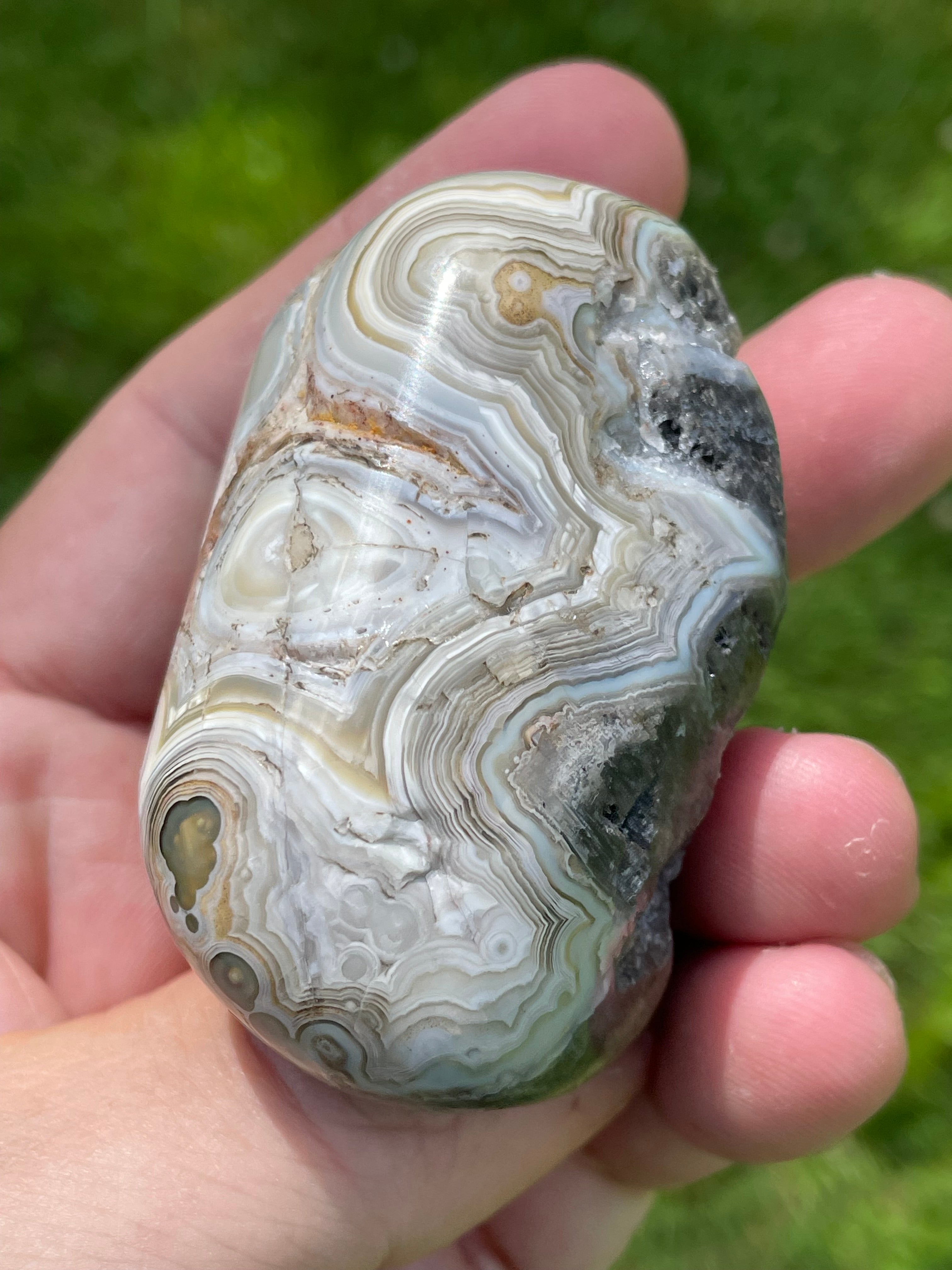 StoneBorn Creations Hand-Polished Lace Agate Freeform with Intricate Fortification Banding, Orbicular Eyes & Preserved Natural Matrix