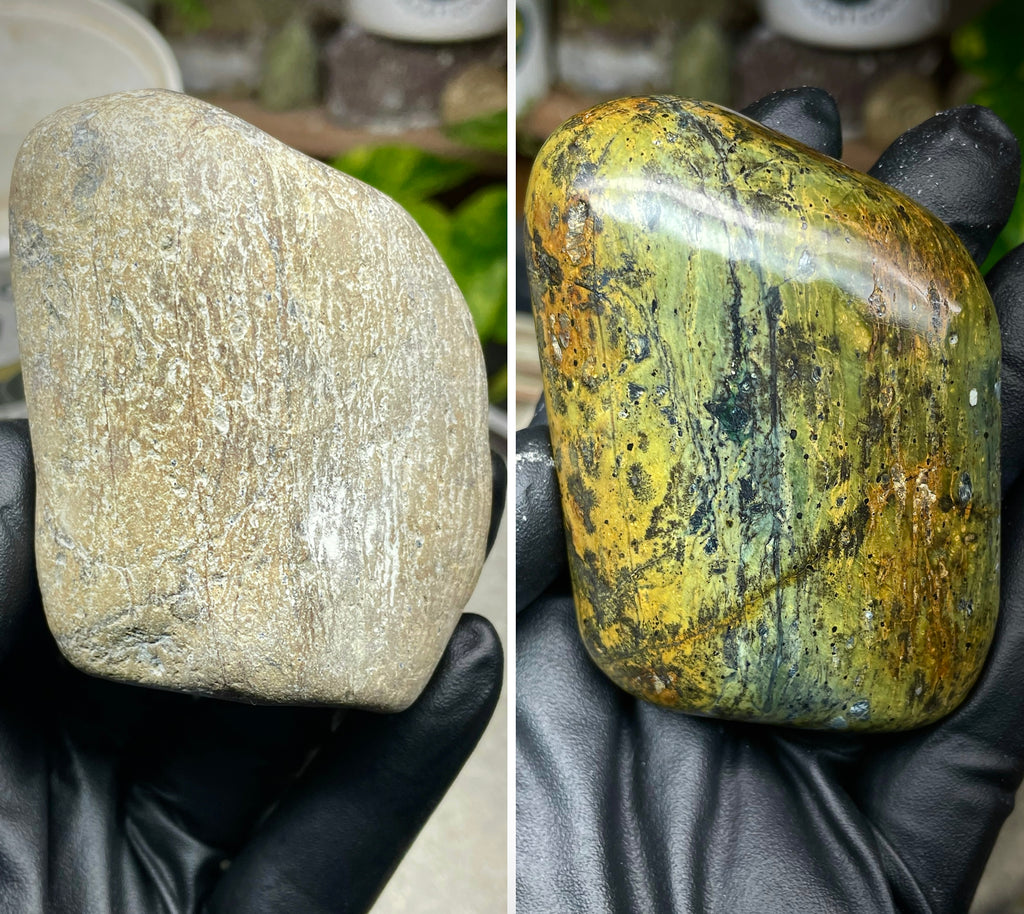 StoneBorn Creations Hand-Polished Vermont Serpentine with Golden Ochre, Mossy Greens, and Dark Natural Matrix