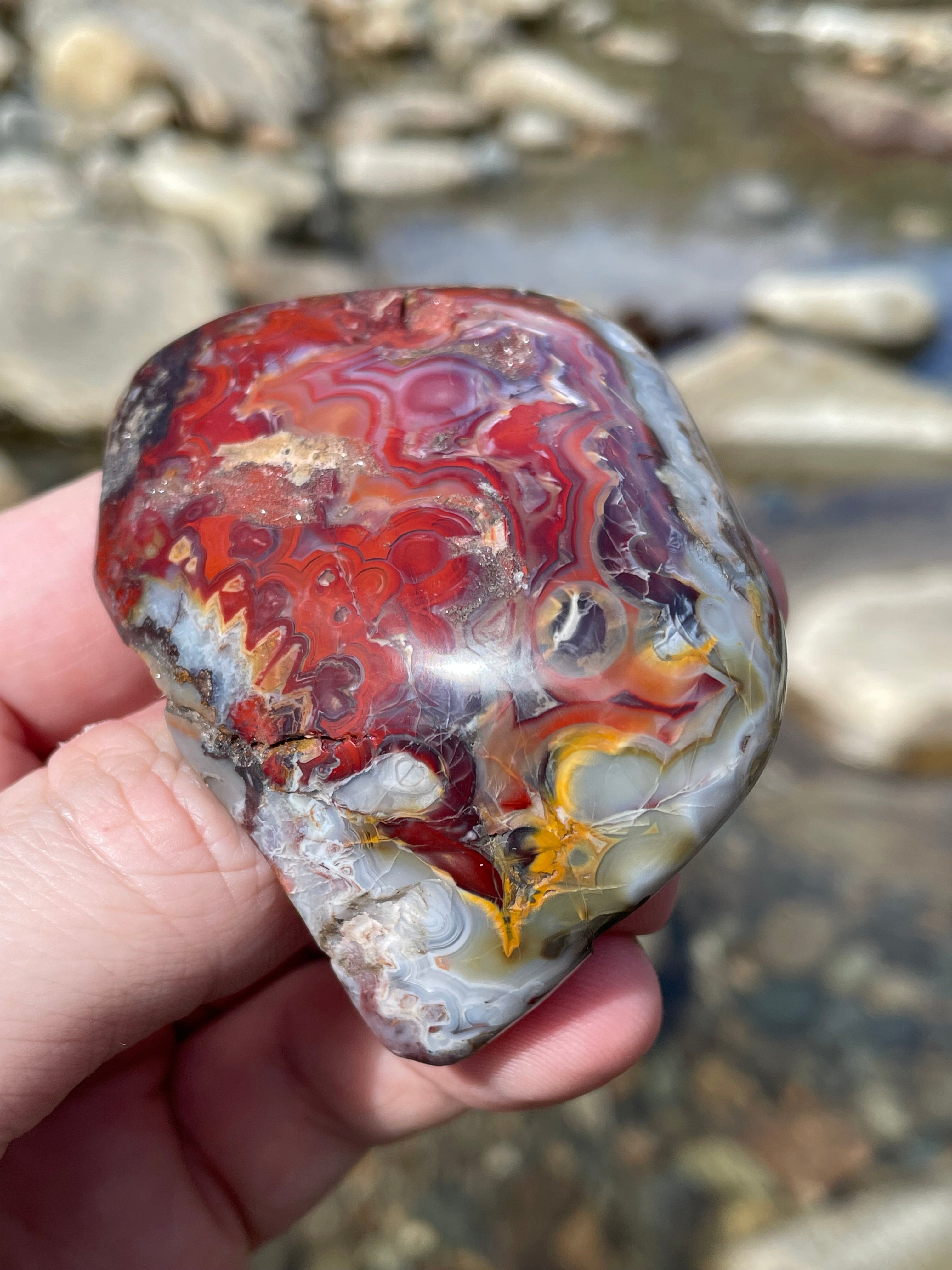 StoneBorn Creations Hand Polished Lace Agate Freeform with Fiery Crimson Banding and Natural Raw Backing