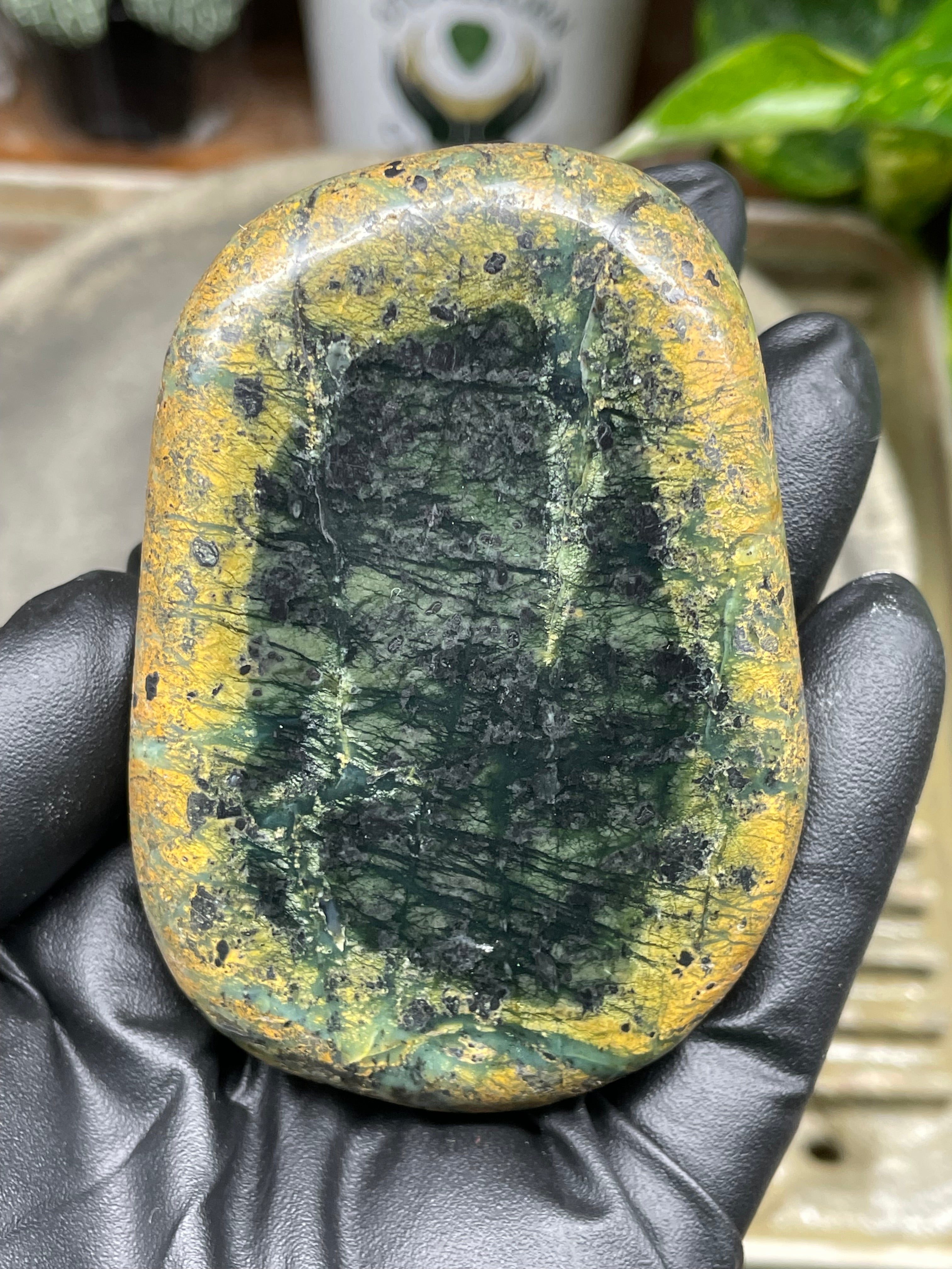 StoneBorn Creations Hand-Polished Vermont River Stone Pair – Rounded Freeform Halves with Natural Raw Backs & Deep Green Interior Patterns