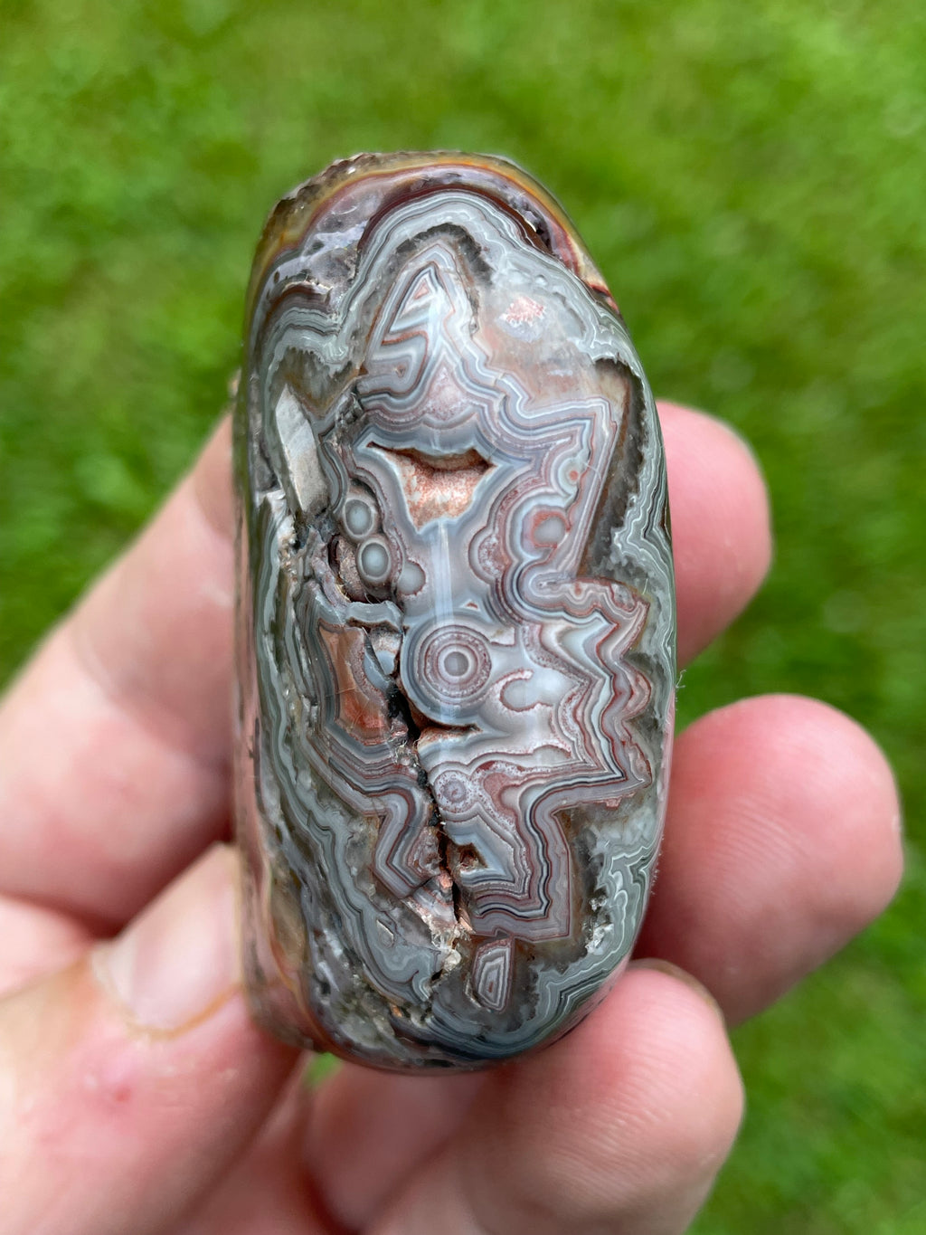 StoneBorn Creations Hand-Polished Custom Shaped Lace Agate Freeform with Natural Druzy Quartz, Orbicular Eyes & Fortification Banding