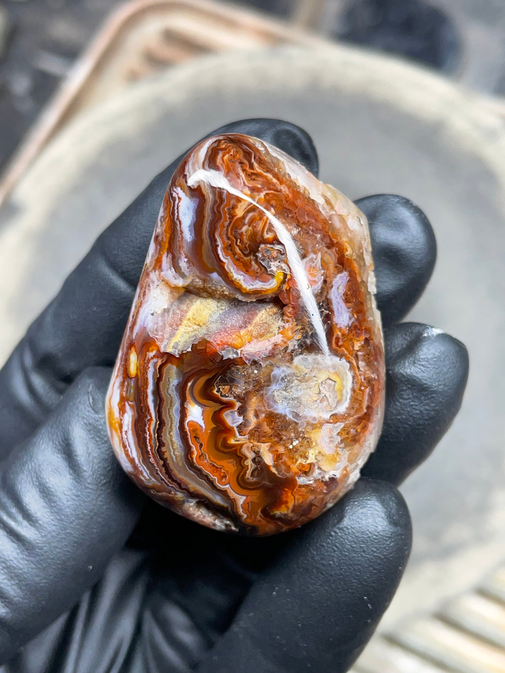 StoneBorn Creations Hand-Polished Fire Agate with Raw Crystal Top – Banded Natural Agate Display Stone