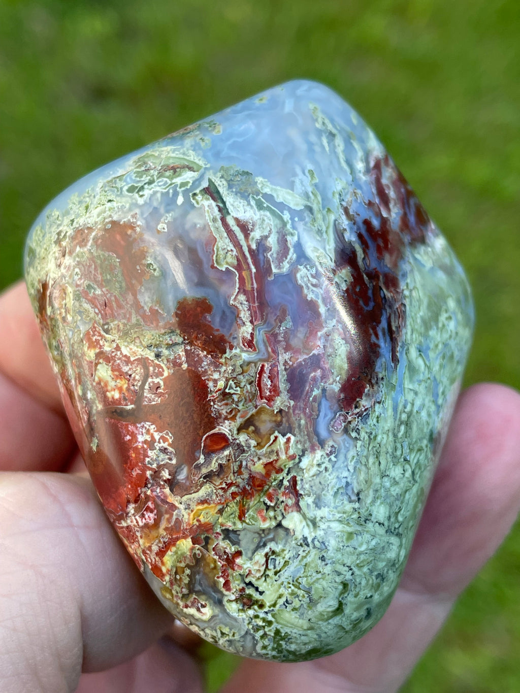 StoneBorn Creations Hand-Polished Agate Freeform with Blue Chalcedony, Deep Red Jasper Inclusions and Green Mossy Matrix