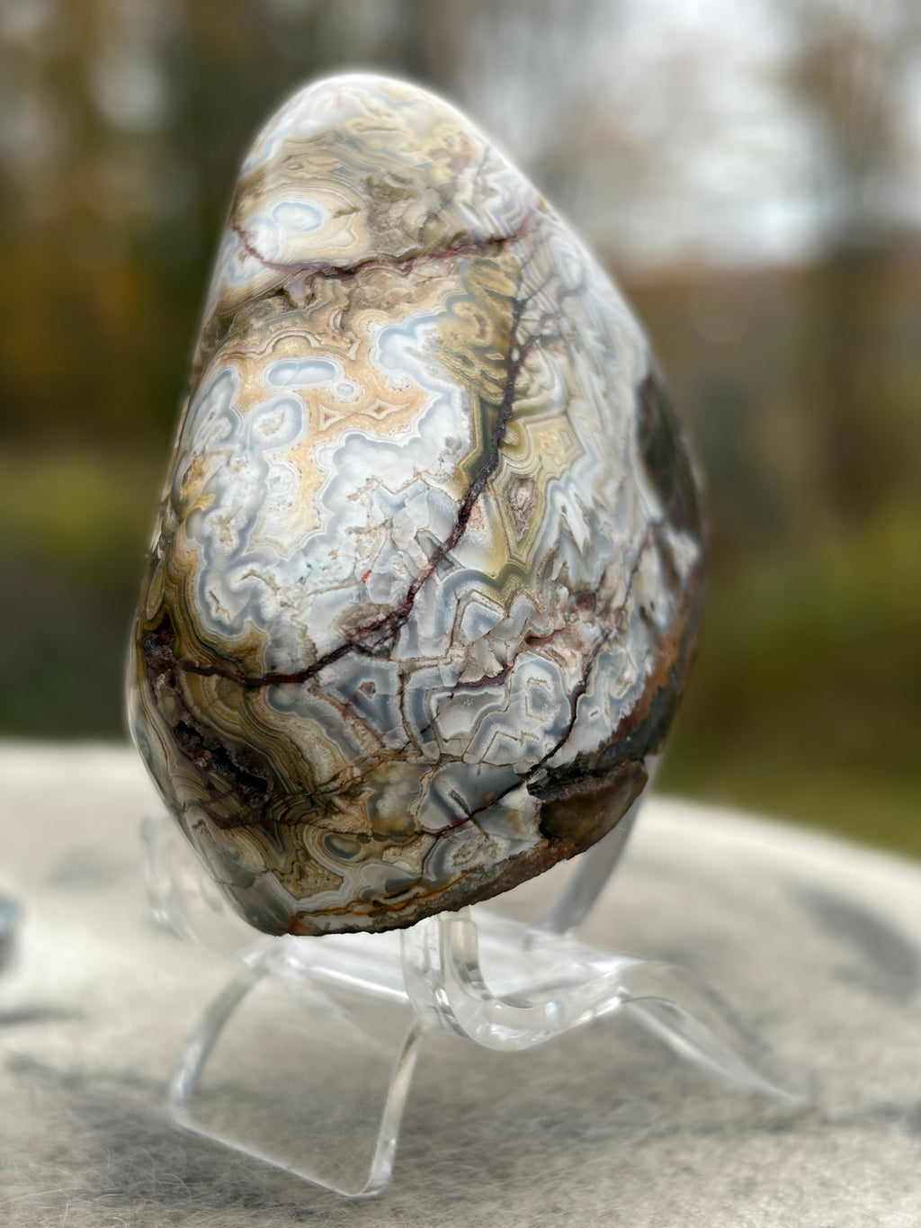 StoneBorn Creations – Crazy Lace Agate | Intricate Blue, Cream & Golden Banding | Hand-Polished Natural Stone