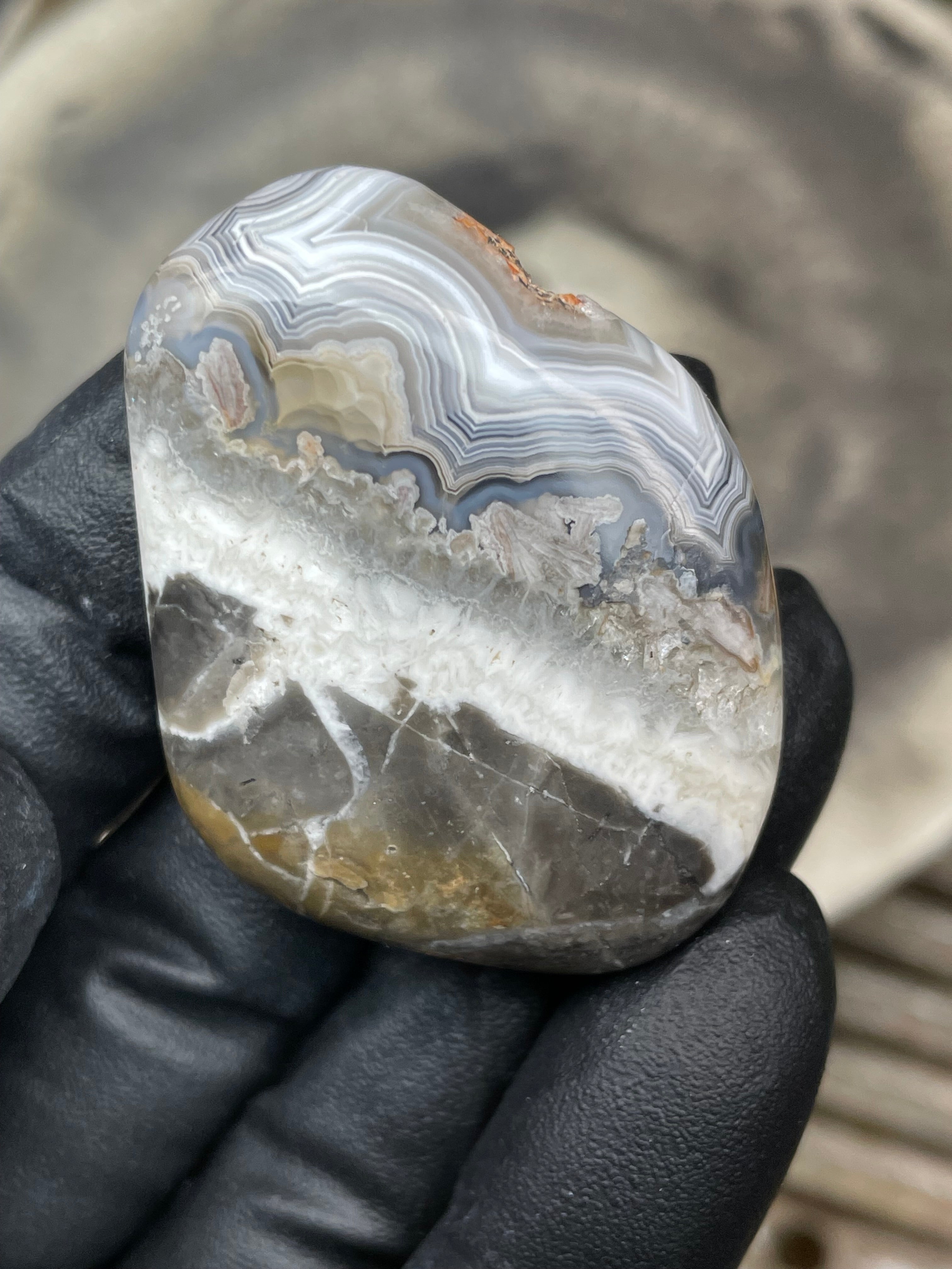 StoneBorn Creations Hand-Polished Banded Agate Freeform Display Stone | Natural Fortification Lines & Raw Crystal Texture