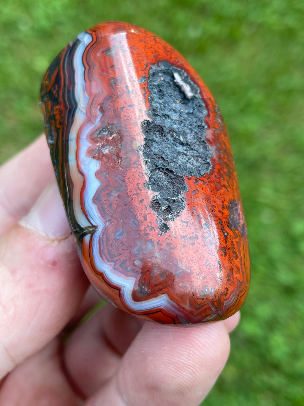 StoneBorn Creations Hand-Polished Lace Agate Freeform with Intricate Fortification Banding, Bold Red Plumes & Natural Druzy Matrix